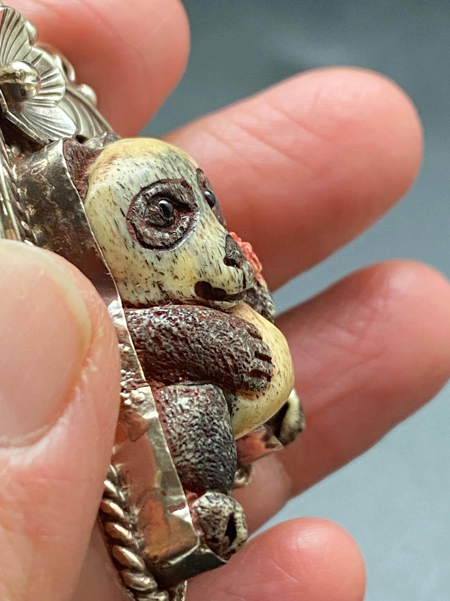 Panda pendant, bone carved pendant, handcrafted,Tibetan silver, floral pendant ,animal lover,himalayan,Nepalese