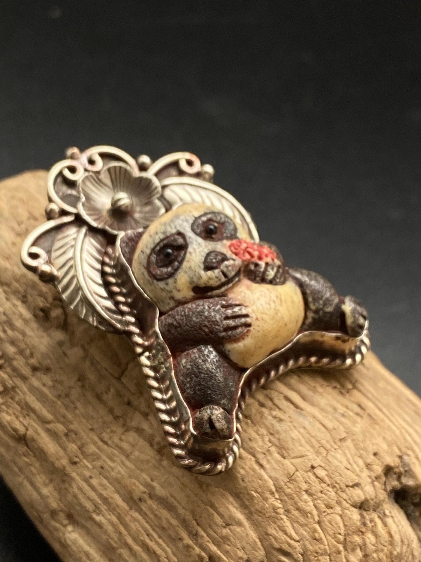 Panda pendant, bone carved pendant, handcrafted,Tibetan silver, floral pendant ,animal lover,himalayan,Nepalese