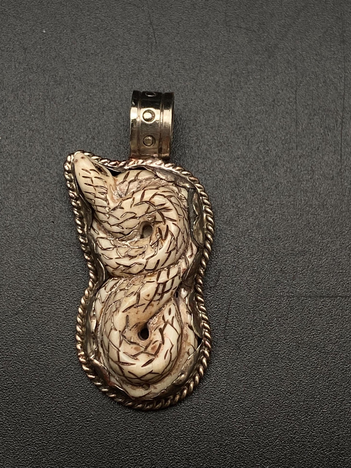 Snake pendant, bone carved snake pendant, handcrafted, Tibetan silver, Nepalese