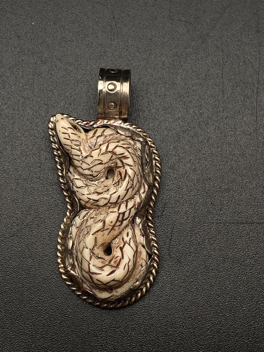 Snake pendant, bone carved snake pendant, handcrafted, Tibetan silver, Nepalese