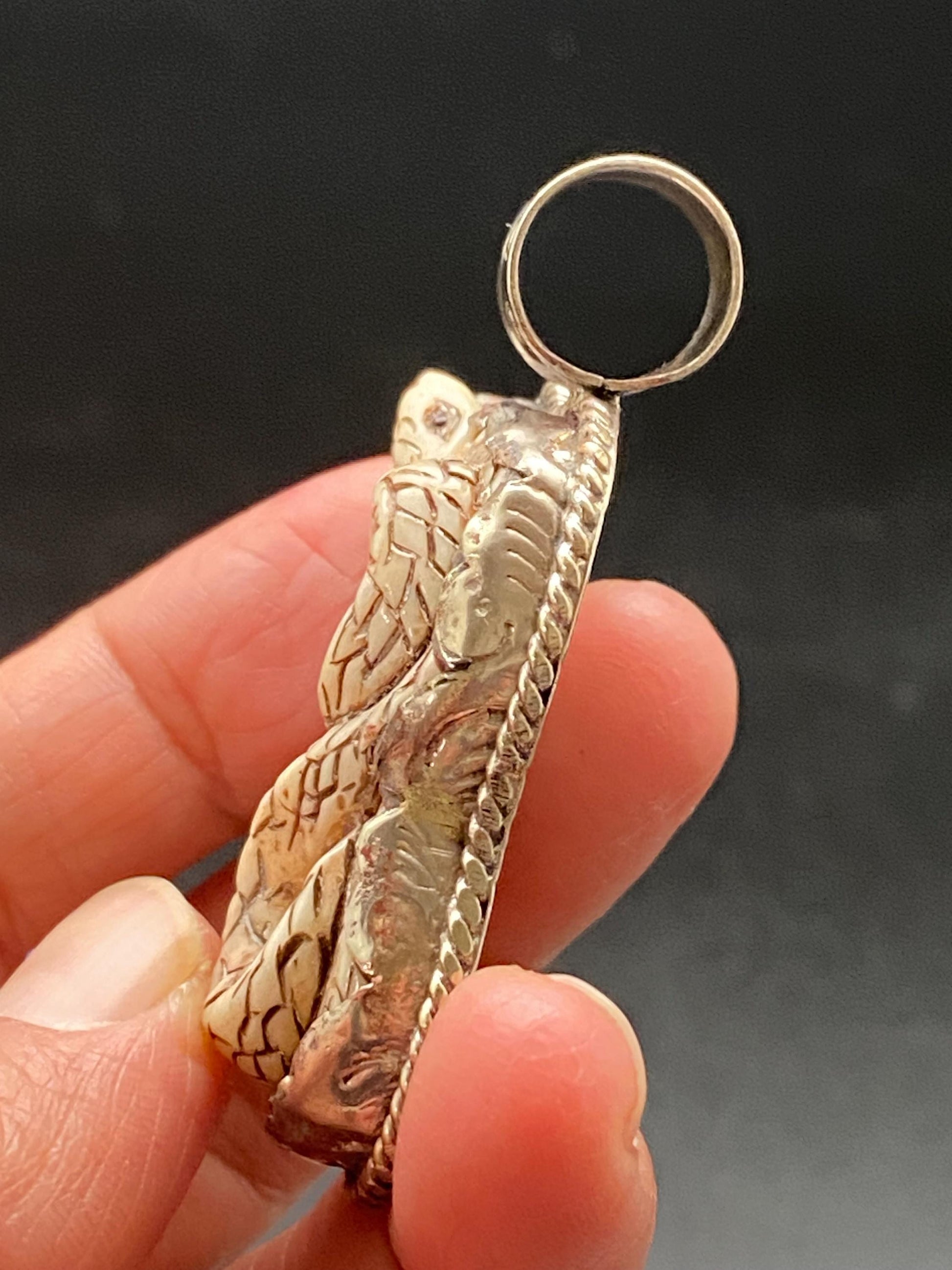 Snake pendant, bone carved snake pendant, handcrafted, Tibetan silver, Nepalese