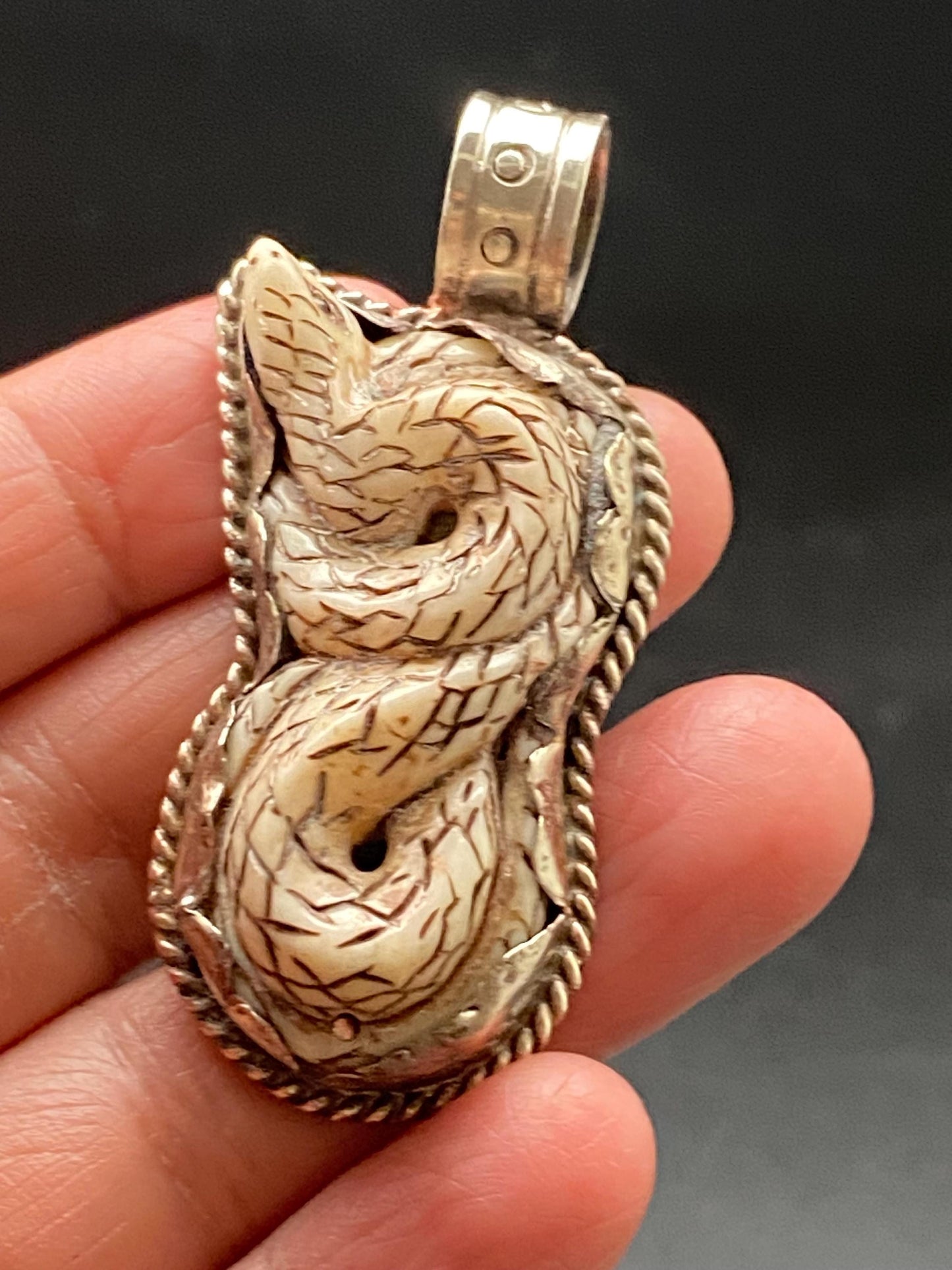 Snake pendant, bone carved snake pendant, handcrafted, Tibetan silver, Nepalese