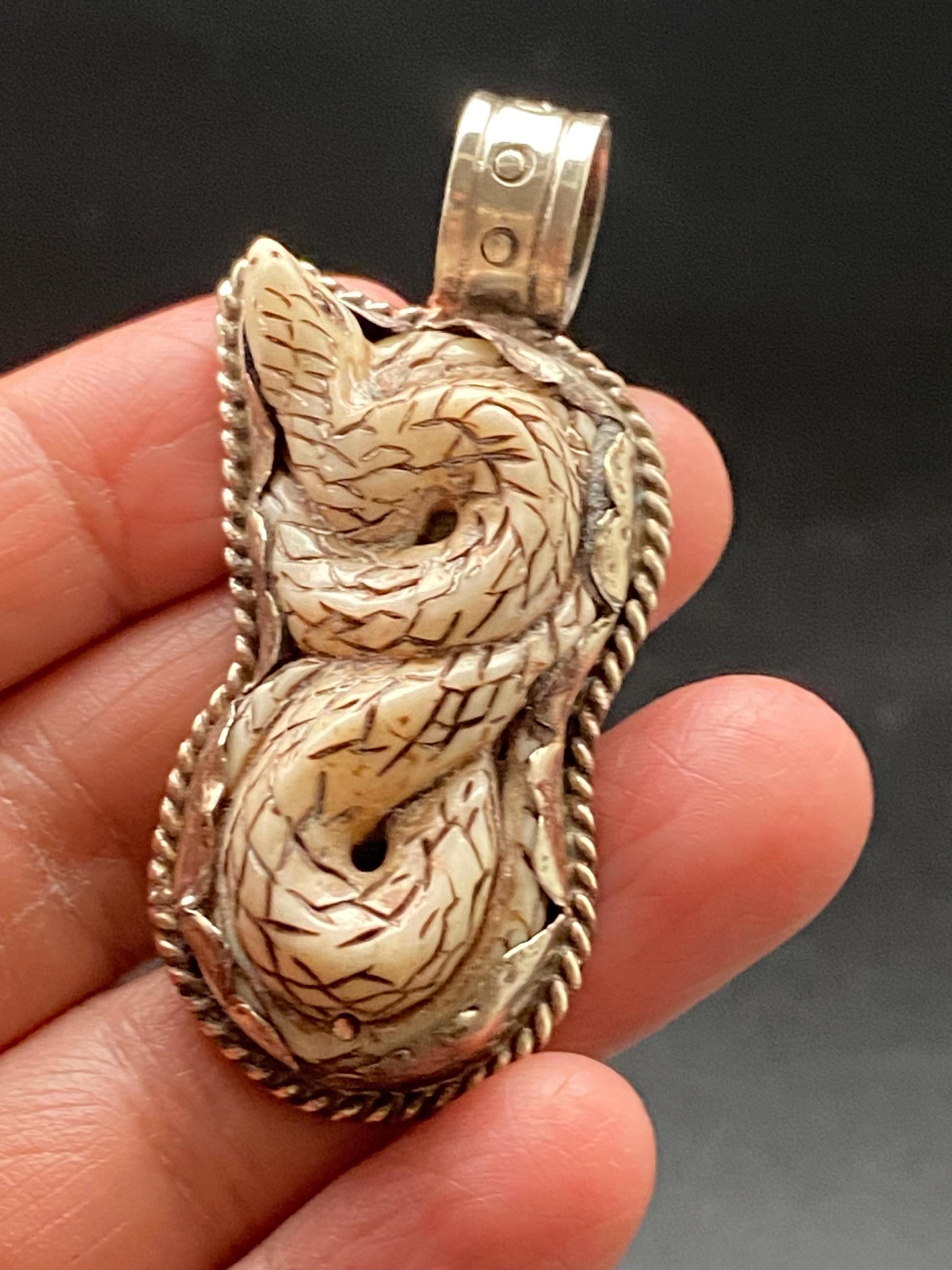 Snake pendant, bone carved snake pendant, handcrafted, Tibetan silver, Nepalese