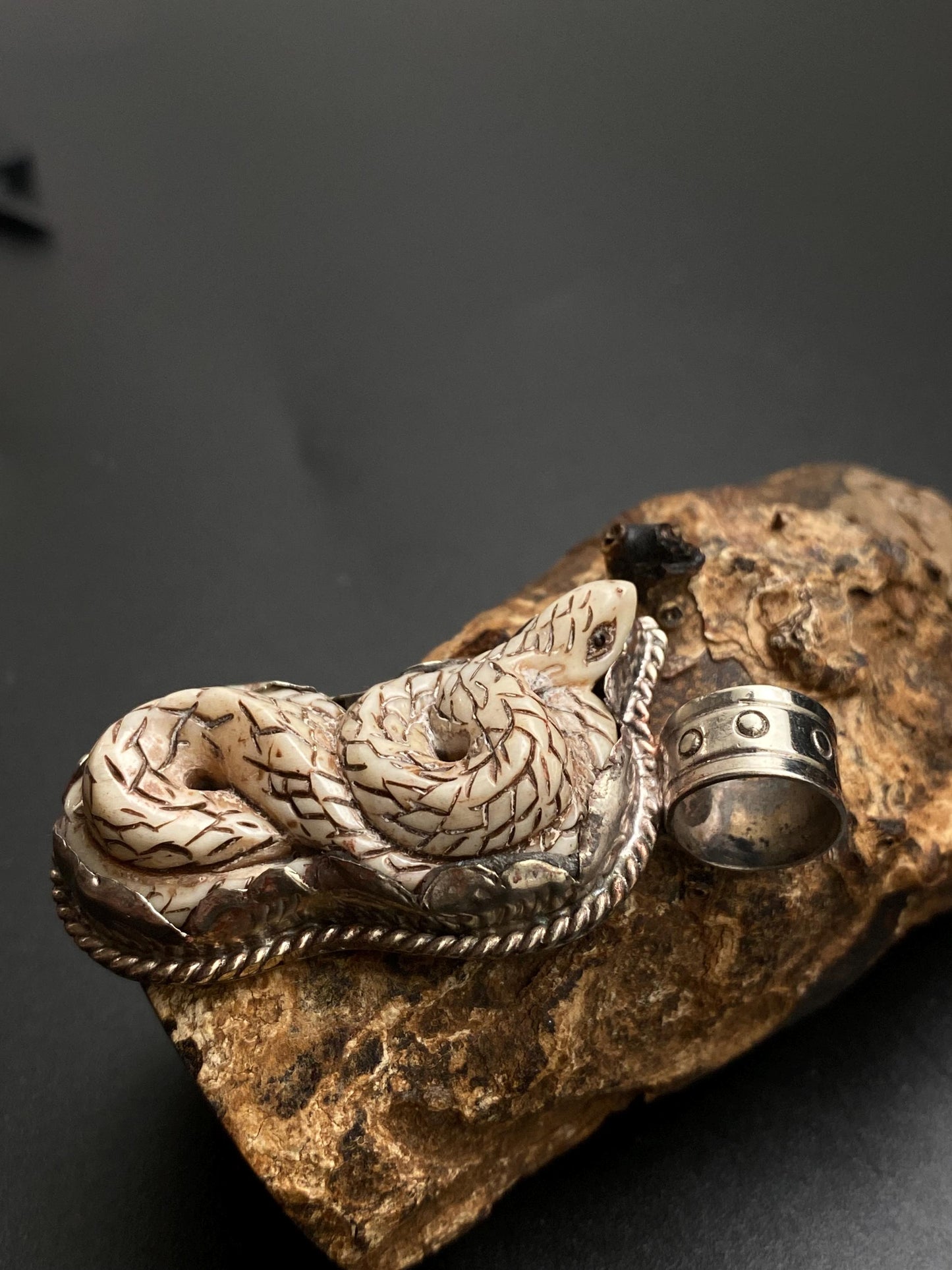 Snake pendant, bone carved snake pendant, handcrafted, Tibetan silver, Nepalese