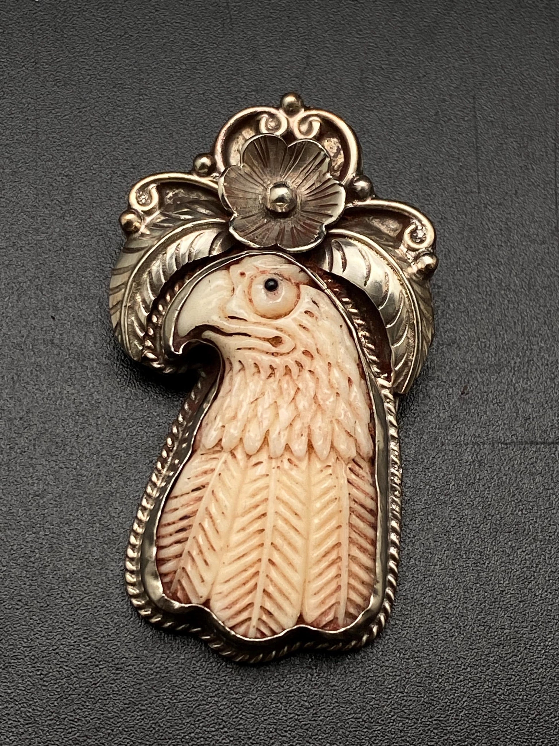 eagle pendant, bird pendant, bone carved pendant, handcrafted, Tibetan silver, Nepalese, Himalayan, floral pendant