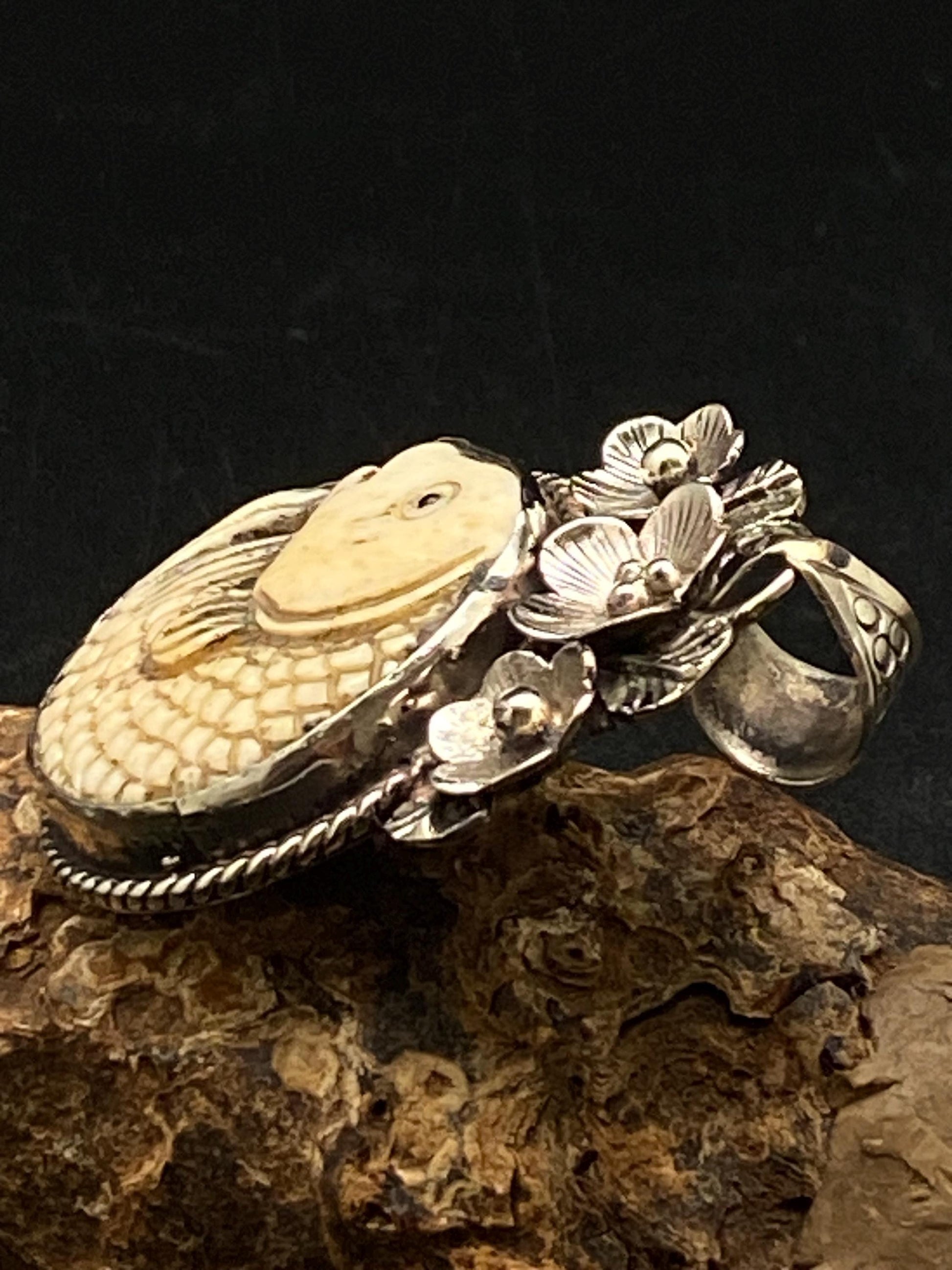 Fish pendant, bone carved pendant, handcrafted, Tibetan silver, floral silver,Nepalese