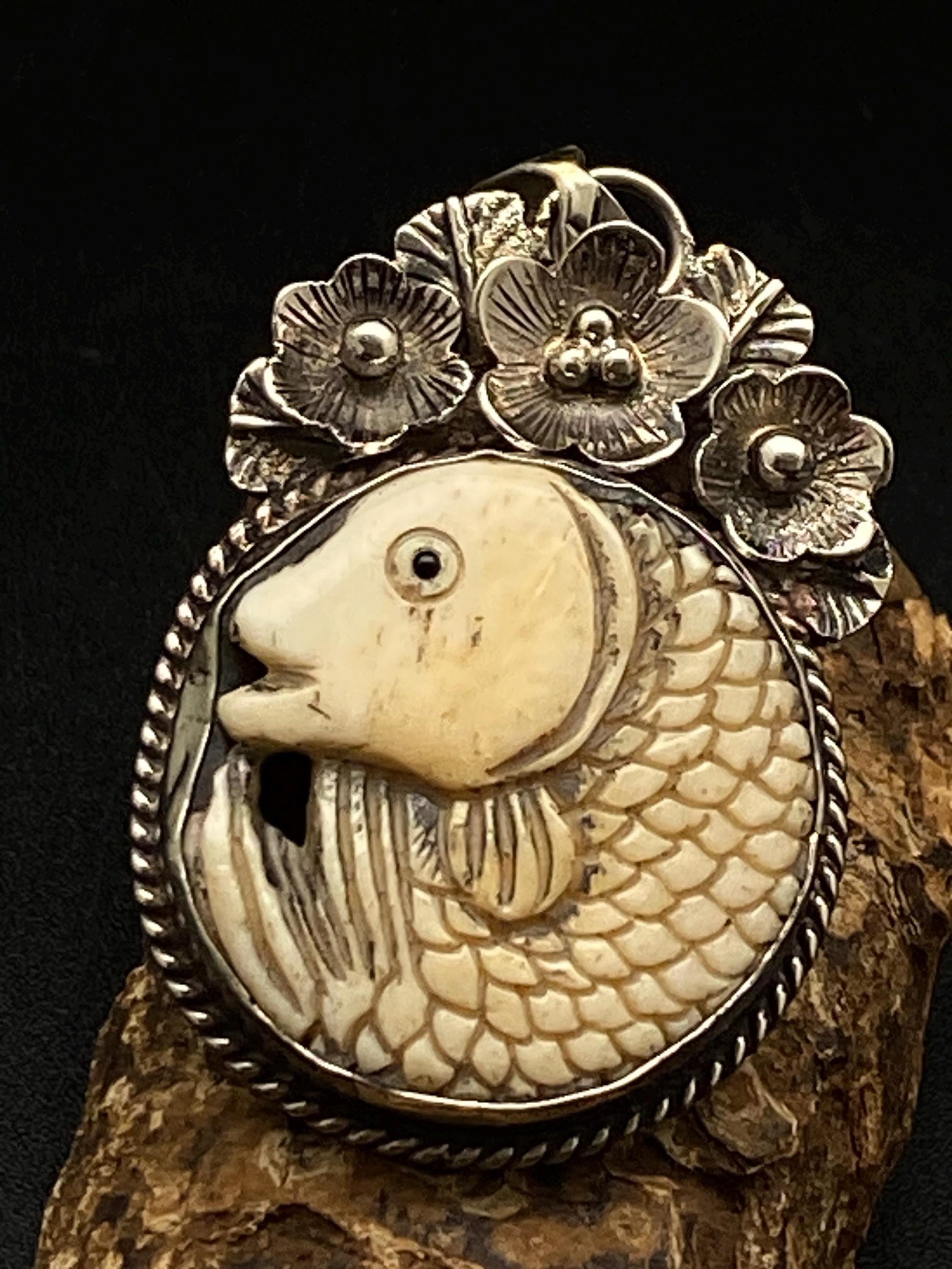 Fish pendant, bone carved pendant, handcrafted, Tibetan silver, floral silver,Nepalese