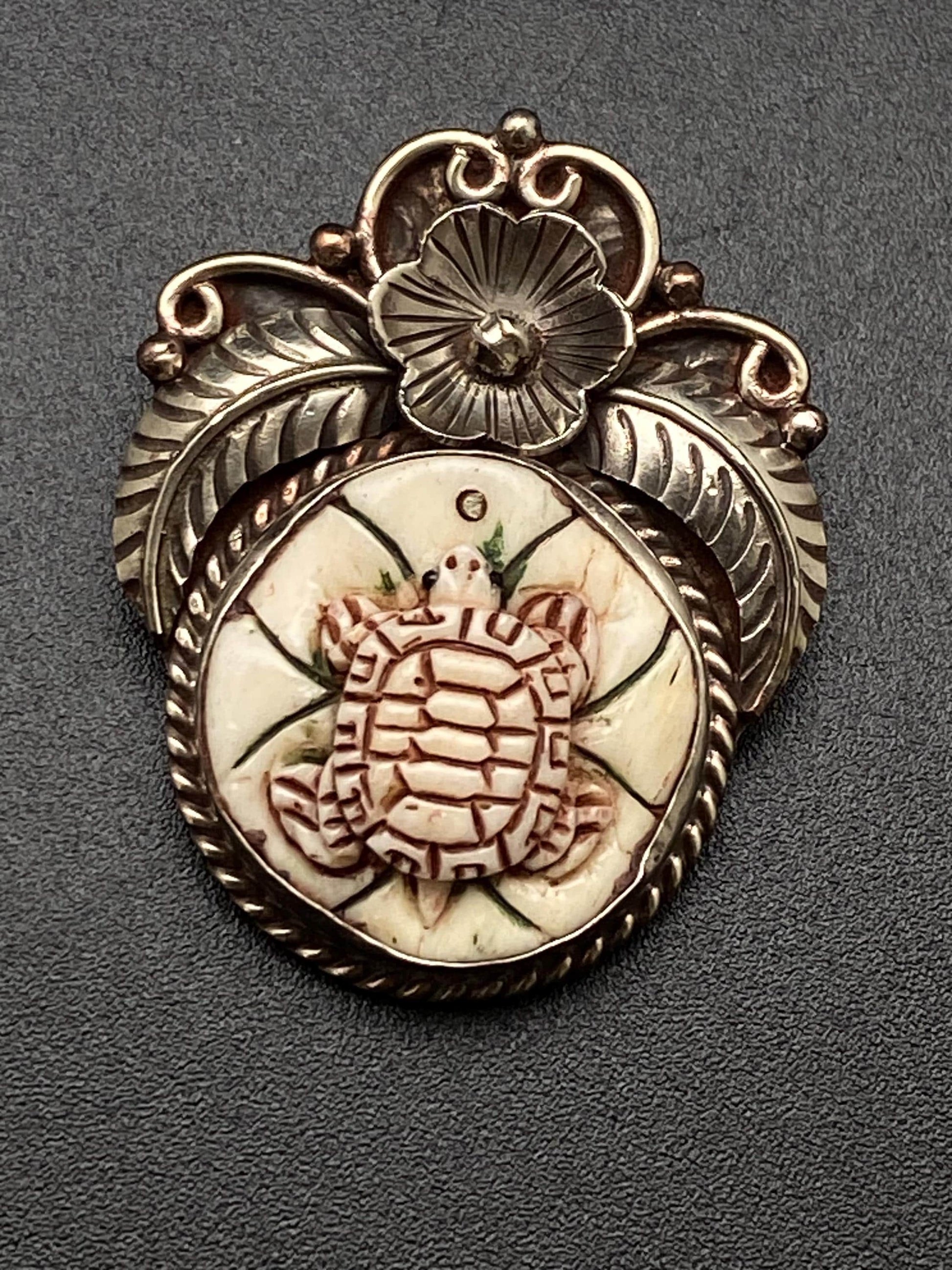 Turtle pendant, bone-carved turtle, handcrafted, Tibetan repose floral silver, floral pendant, ethnic style, Himalayan, Nepalese