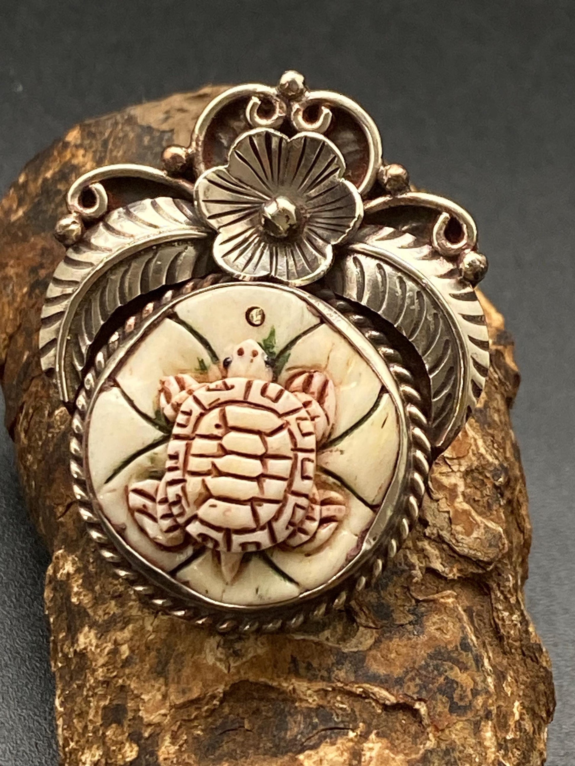 Turtle pendant, bone-carved turtle, handcrafted, Tibetan repose floral silver, floral pendant, ethnic style, Himalayan, Nepalese