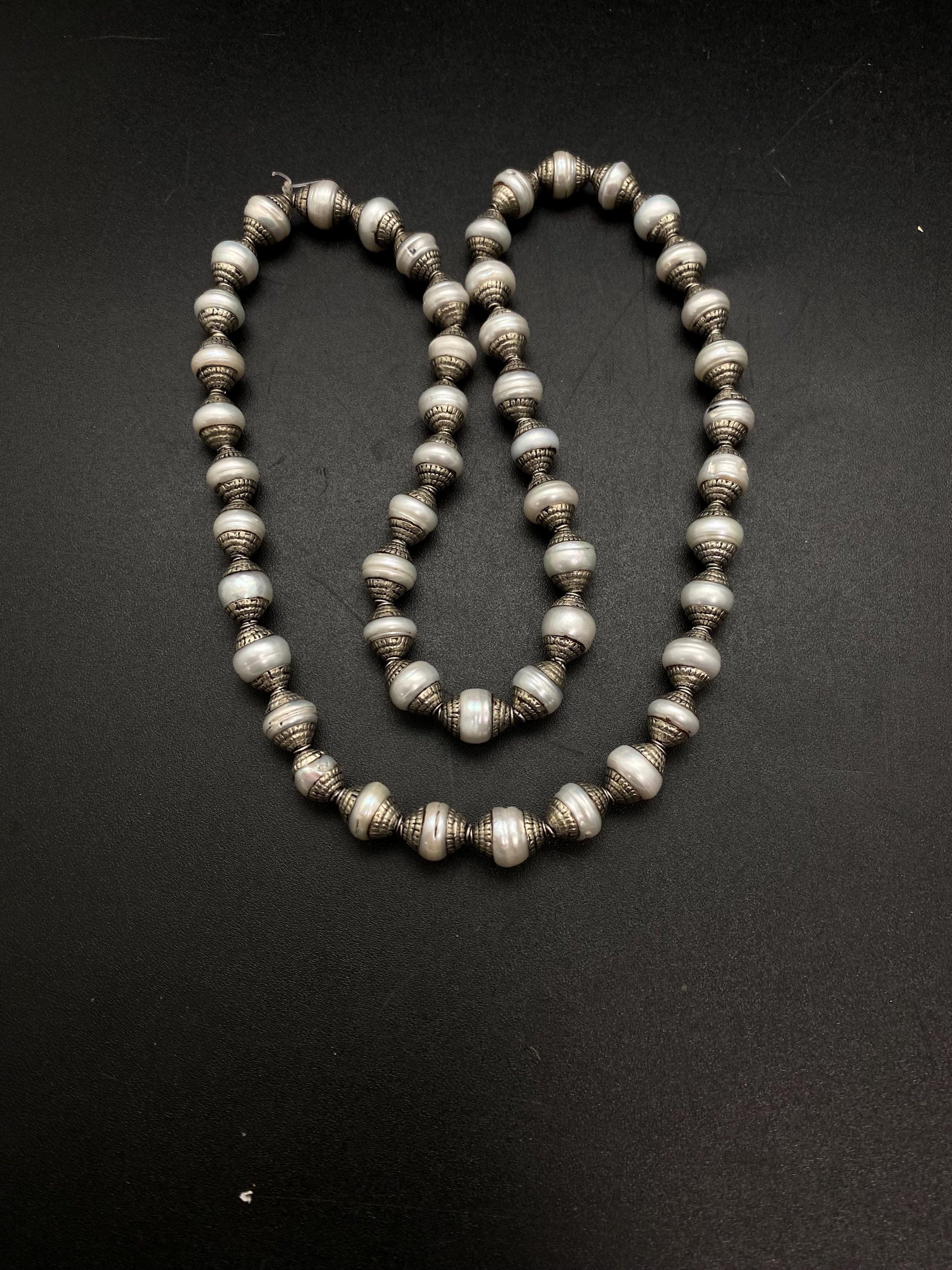 mother of pearl bead mala,necklace,Tibetan silver,handcrafted, pearl bead, ethnic Style,jewelry making beads,double end capped bead mala
