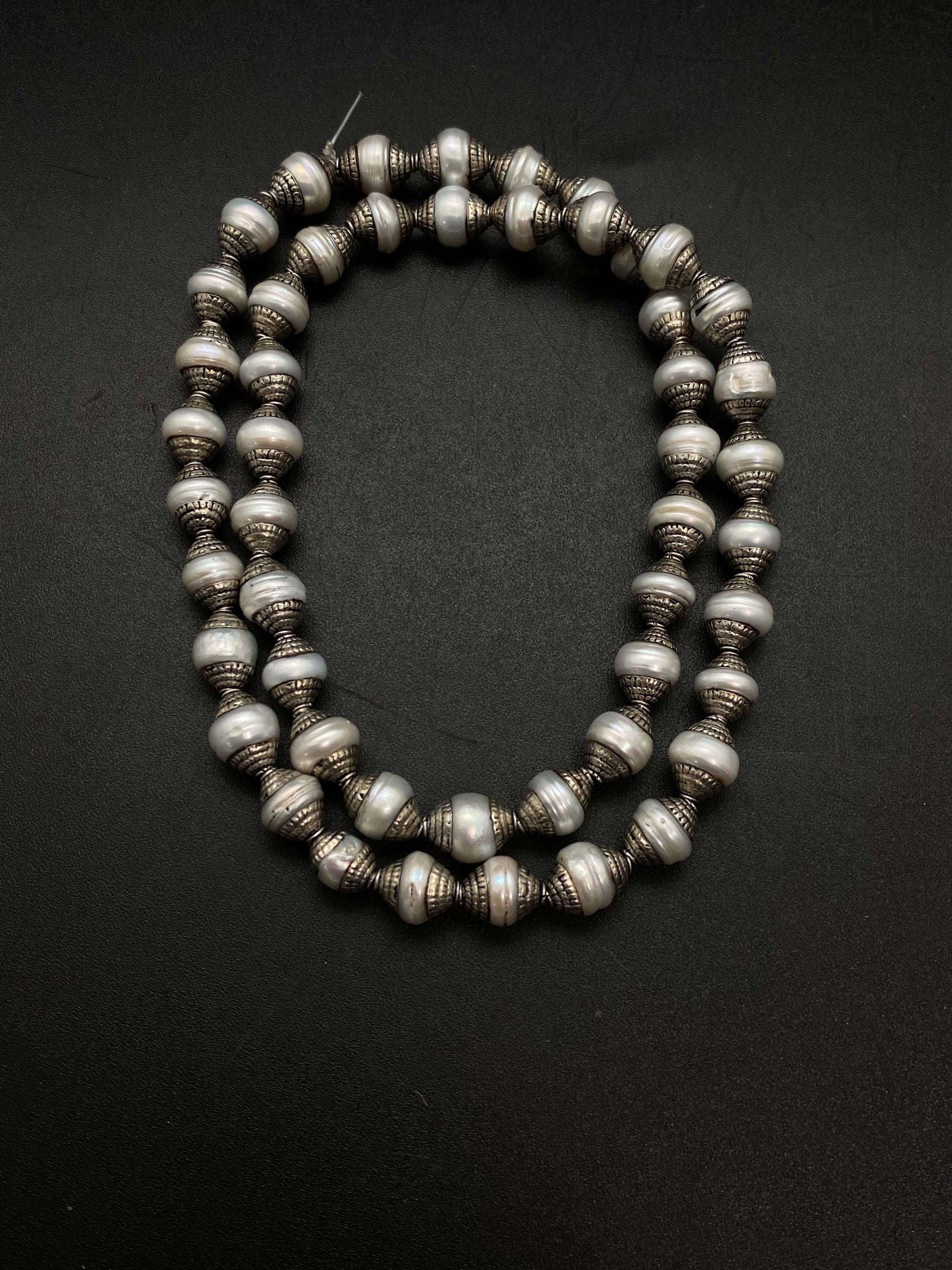 mother of pearl bead mala,necklace,Tibetan silver,handcrafted, pearl bead, ethnic Style,jewelry making beads,double end capped bead mala