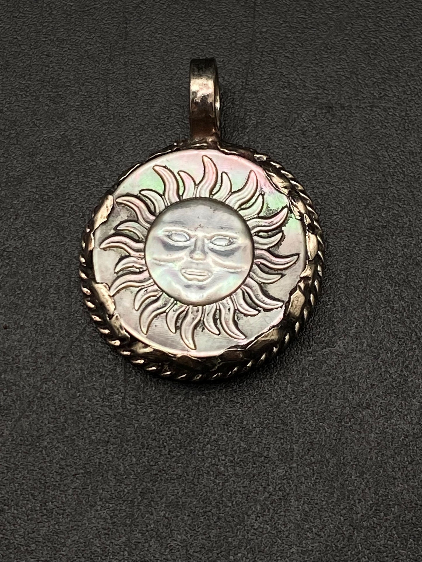 mother of pearl, sun face pendant, handcrafted ,Tibetan repousse silver, ethnic style