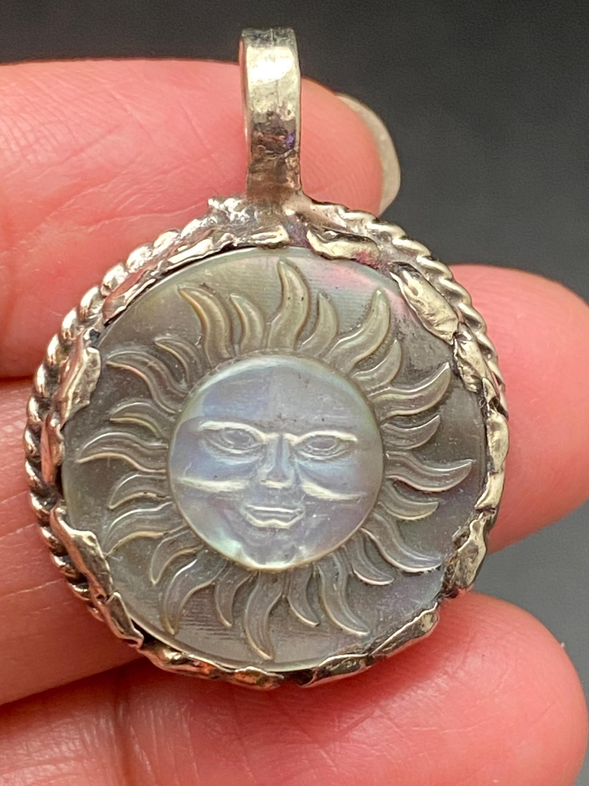 mother of pearl, sun face pendant, handcrafted ,Tibetan repousse silver, ethnic style
