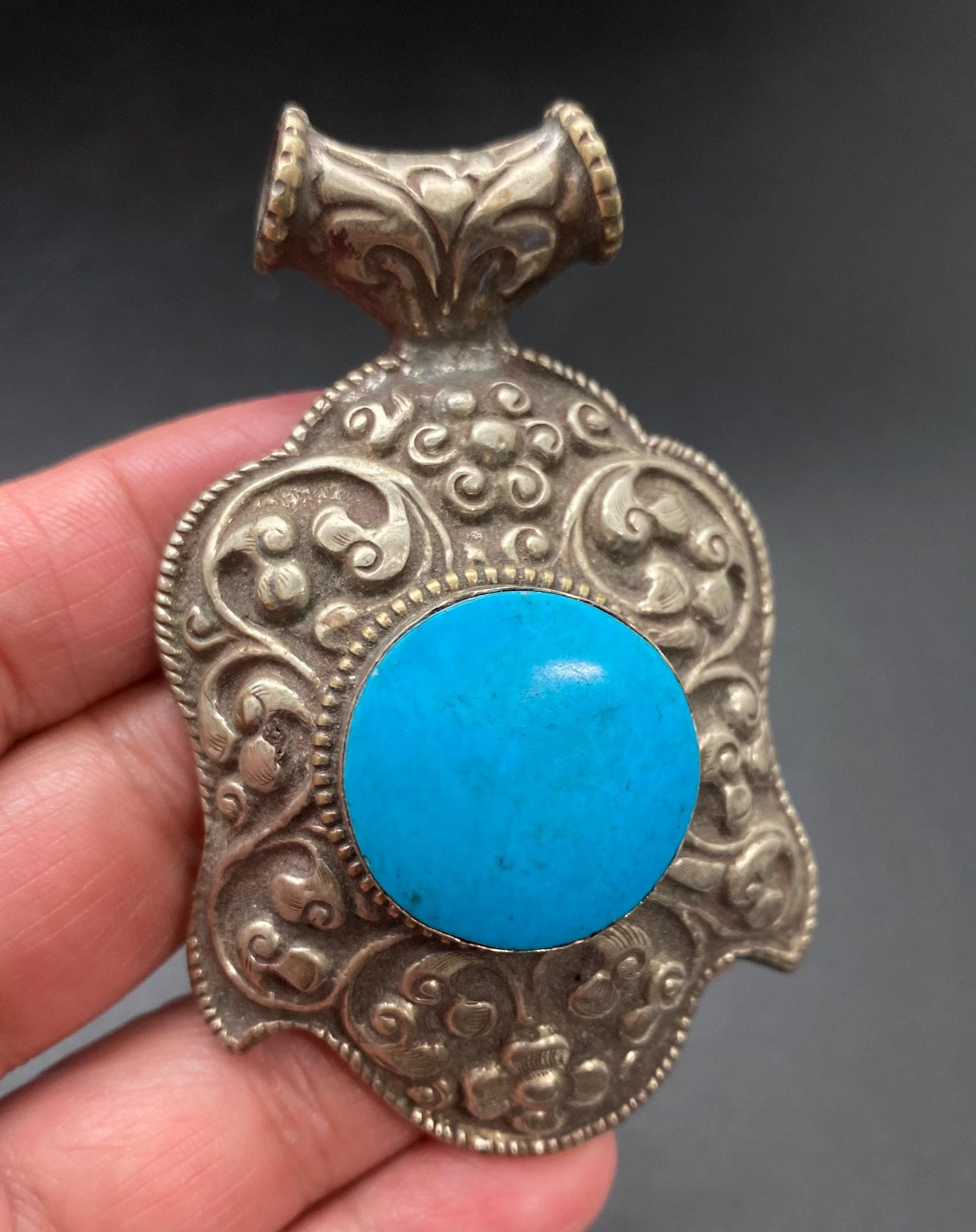 How lite Turquoise pendant,Handcrafted,Tibetan reposse silver, ethnic style,Tibetan design,Himalayan,Nepalese