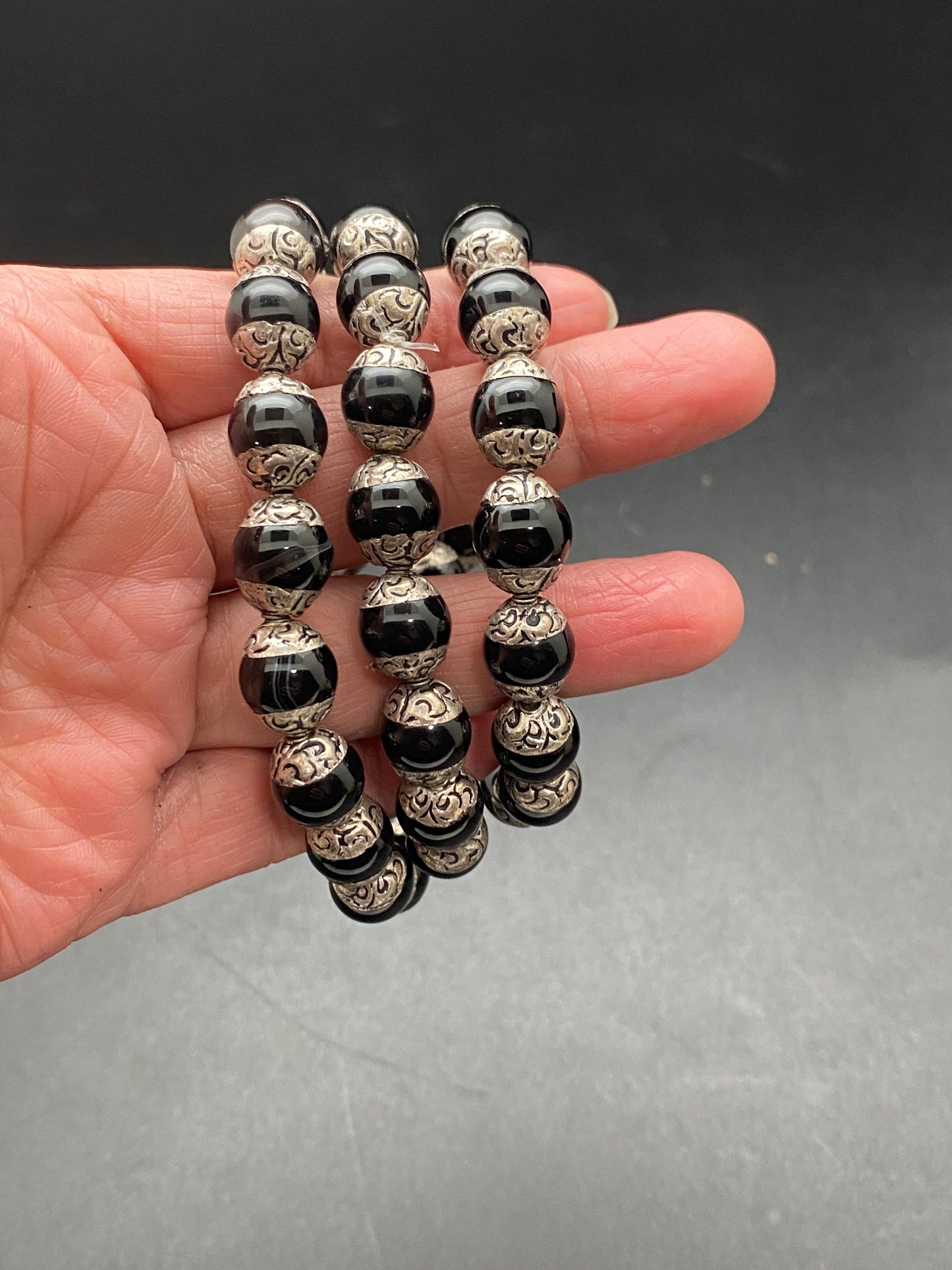 Handcrafted Black Onyx Mala Necklace: Tibetan Silver Capped Beads