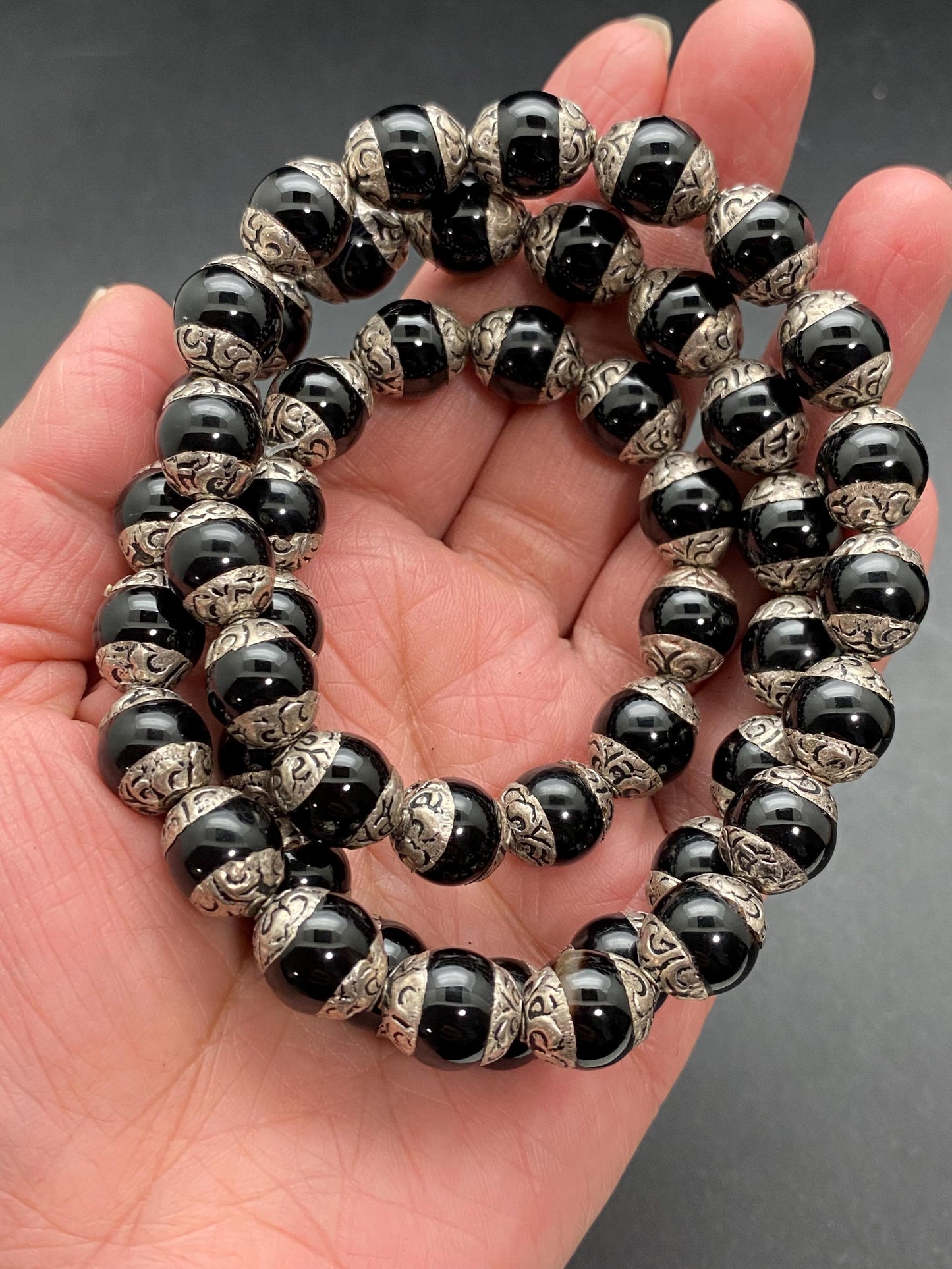 Handcrafted Black Onyx Mala Necklace: Tibetan Silver Capped Beads