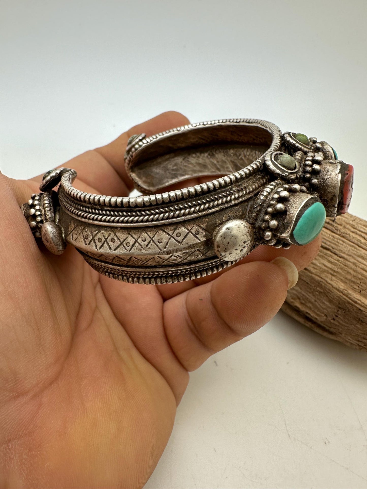 Tibetan bangle, ethnic Tibetan jewelry, sterling silver bangle,