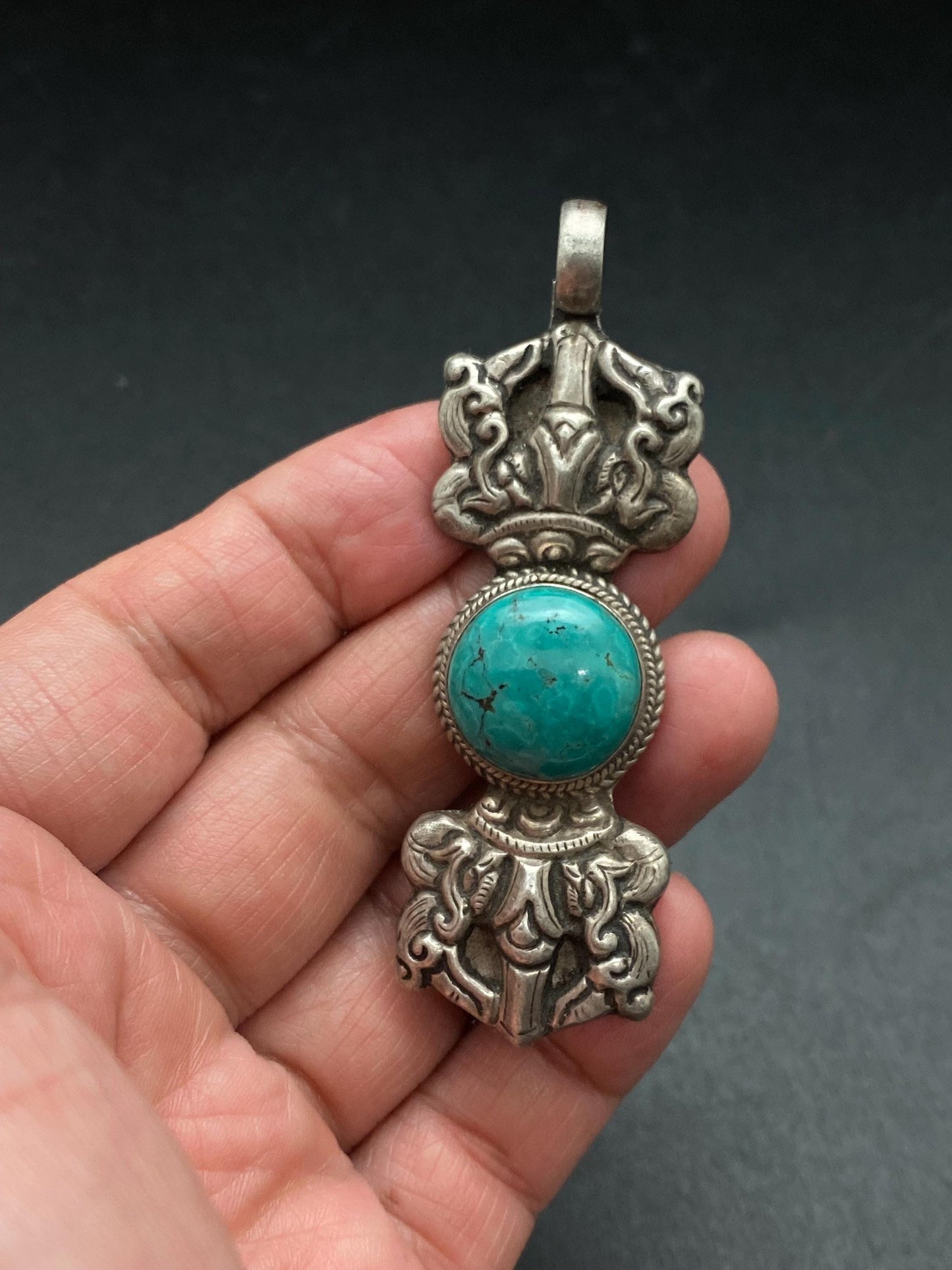 Vajra, dorje, Buddhist amulet pendant,Turquoise,handcrafted,Sterling silver,Ritual object,meditation,spiritual