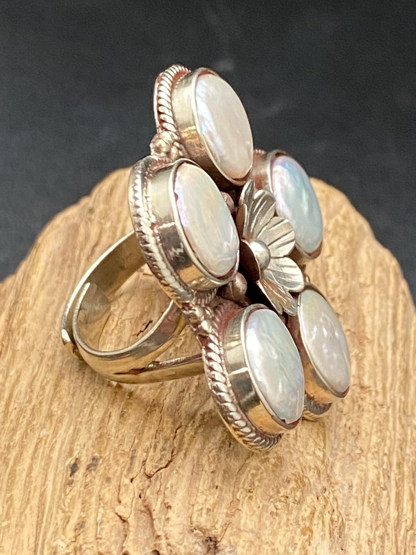 Pearl flower ring,mother of pearl, handcrafted, Tibetan silver,ethnic style,Tibetan Reposse silver, Himalayan,Nepalese ,adjustable