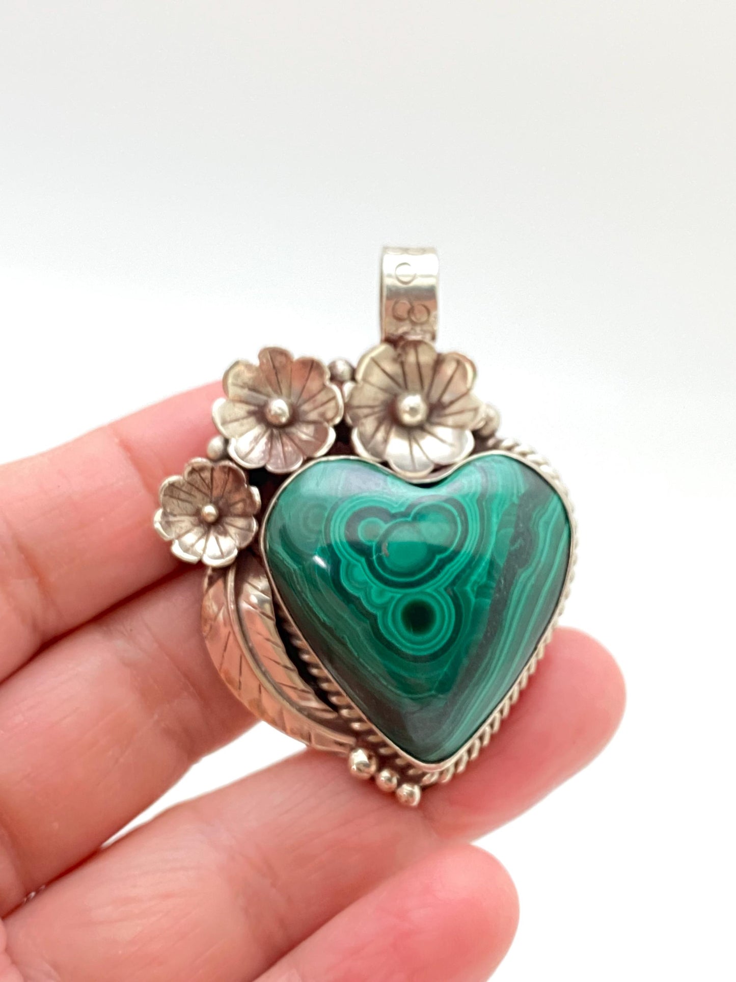 Malachite pendant, heart shape pendant, Tibetan silver, flower pendant, floral design, handcrafted, Nepalese