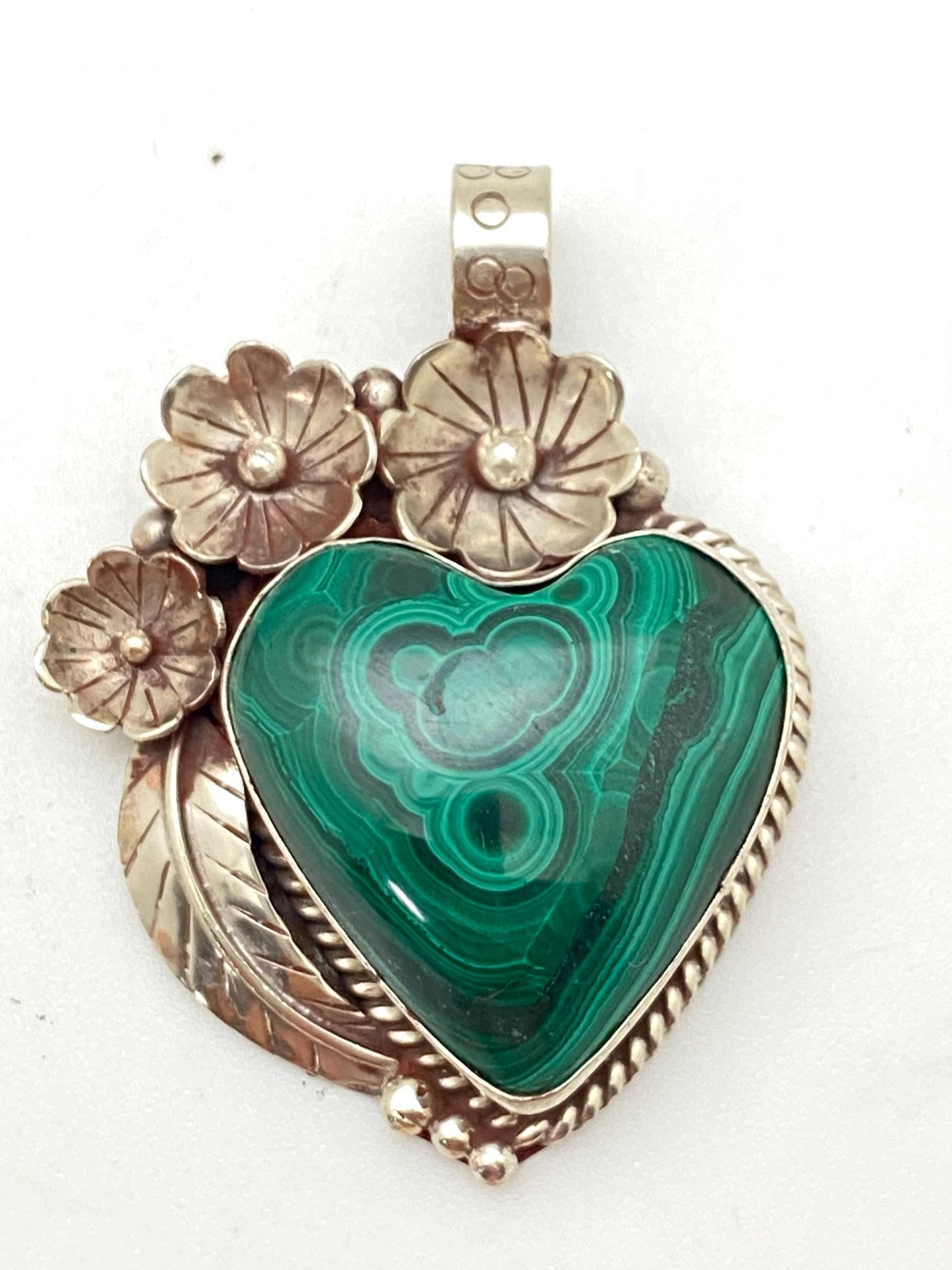 Malachite pendant, heart shape pendant, Tibetan silver, flower pendant, floral design, handcrafted, Nepalese
