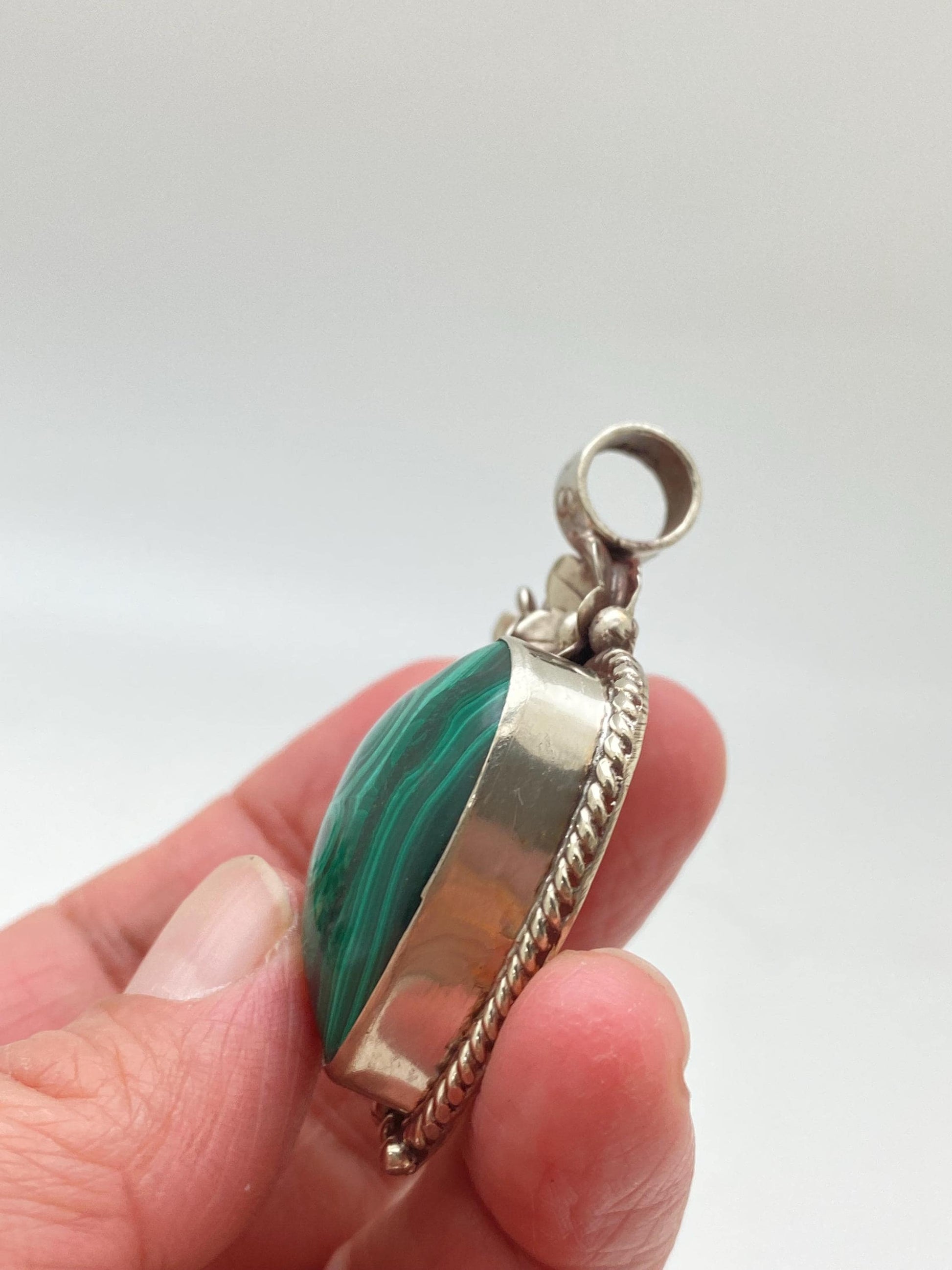 Malachite pendant, heart shape pendant, Tibetan silver, flower pendant, floral design, handcrafted, Nepalese