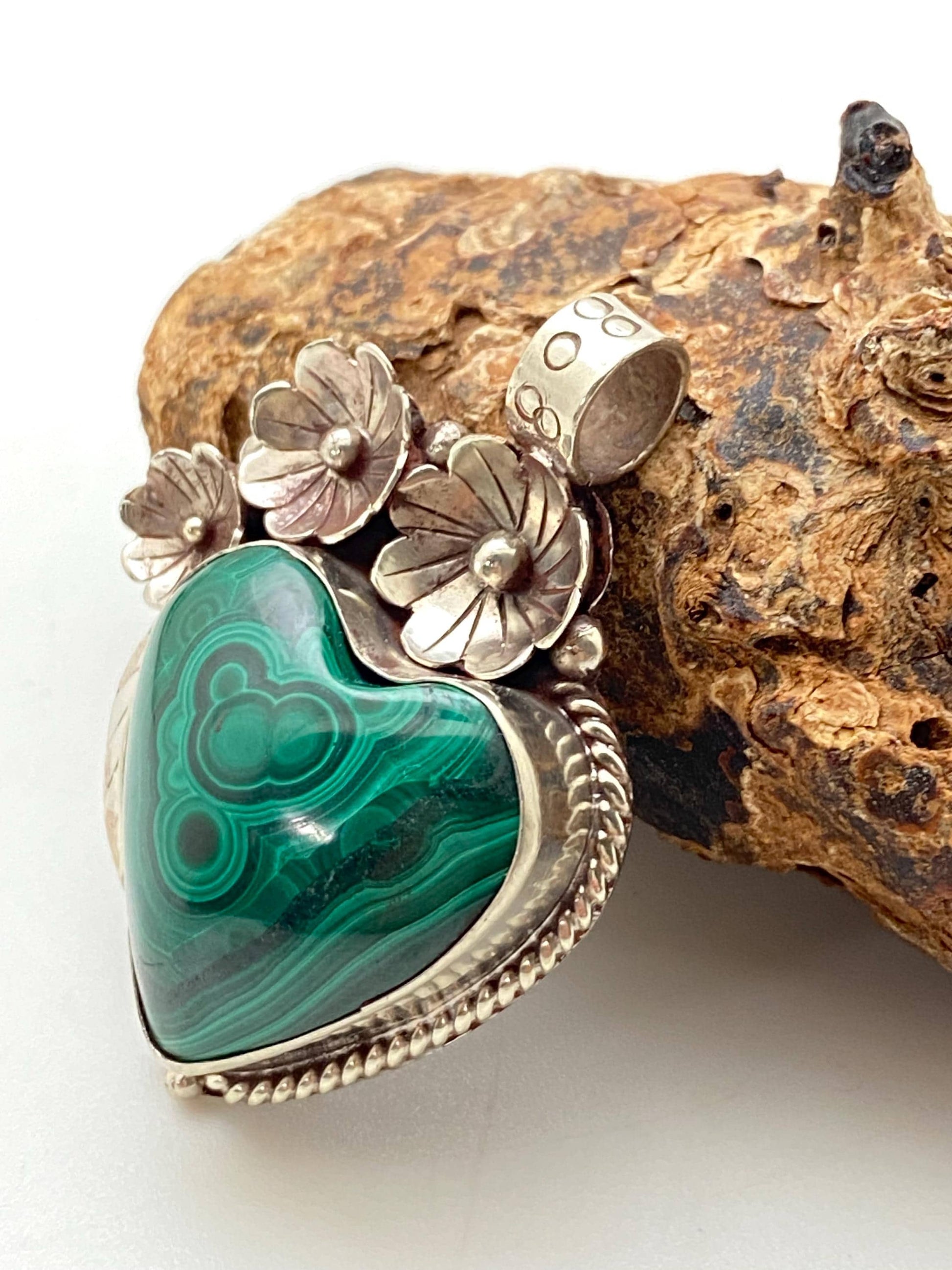 Malachite pendant, heart shape pendant, Tibetan silver, flower pendant, floral design, handcrafted, Nepalese