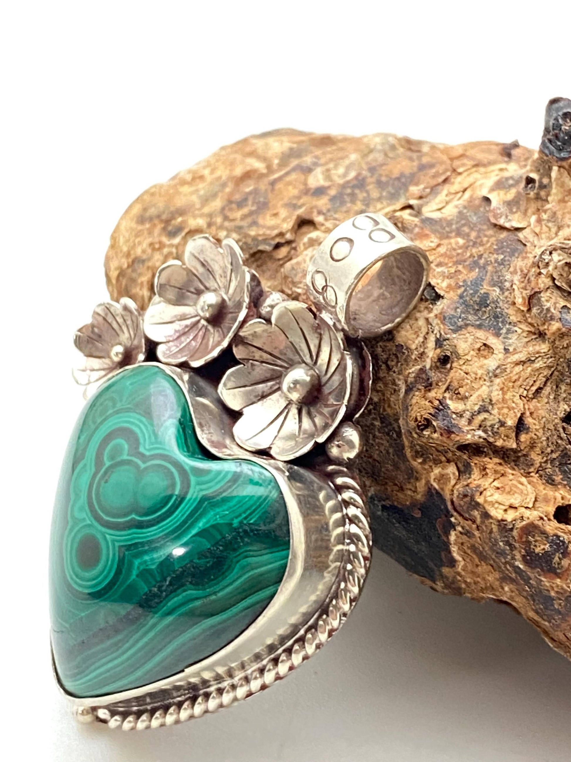 Malachite pendant, heart shape pendant, Tibetan silver, flower pendant, floral design, handcrafted, Nepalese