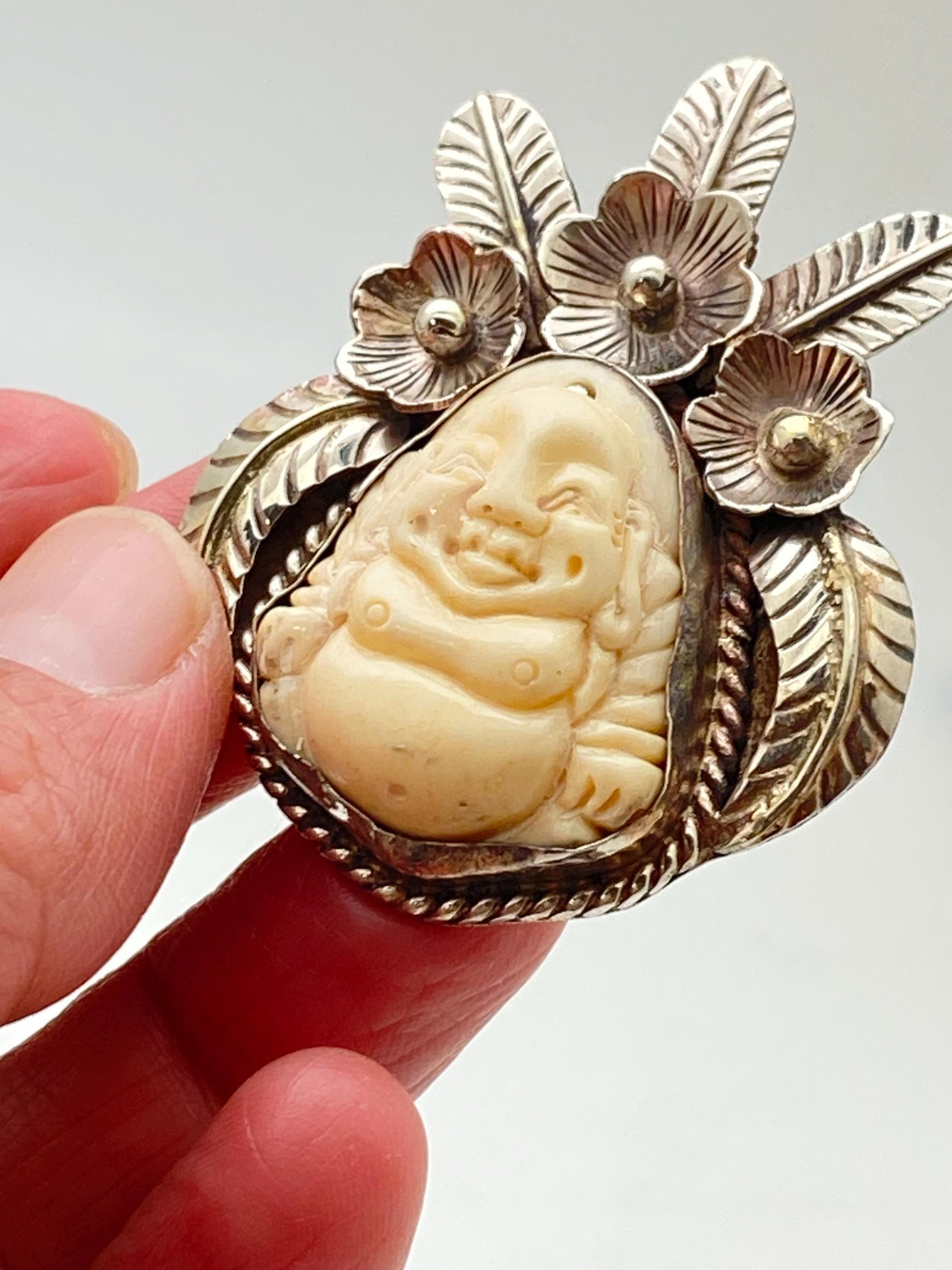 Happy Buddha, buffalo bone carved pendant,Tibetan silver, floral silver,Himalayan ,Nepalese