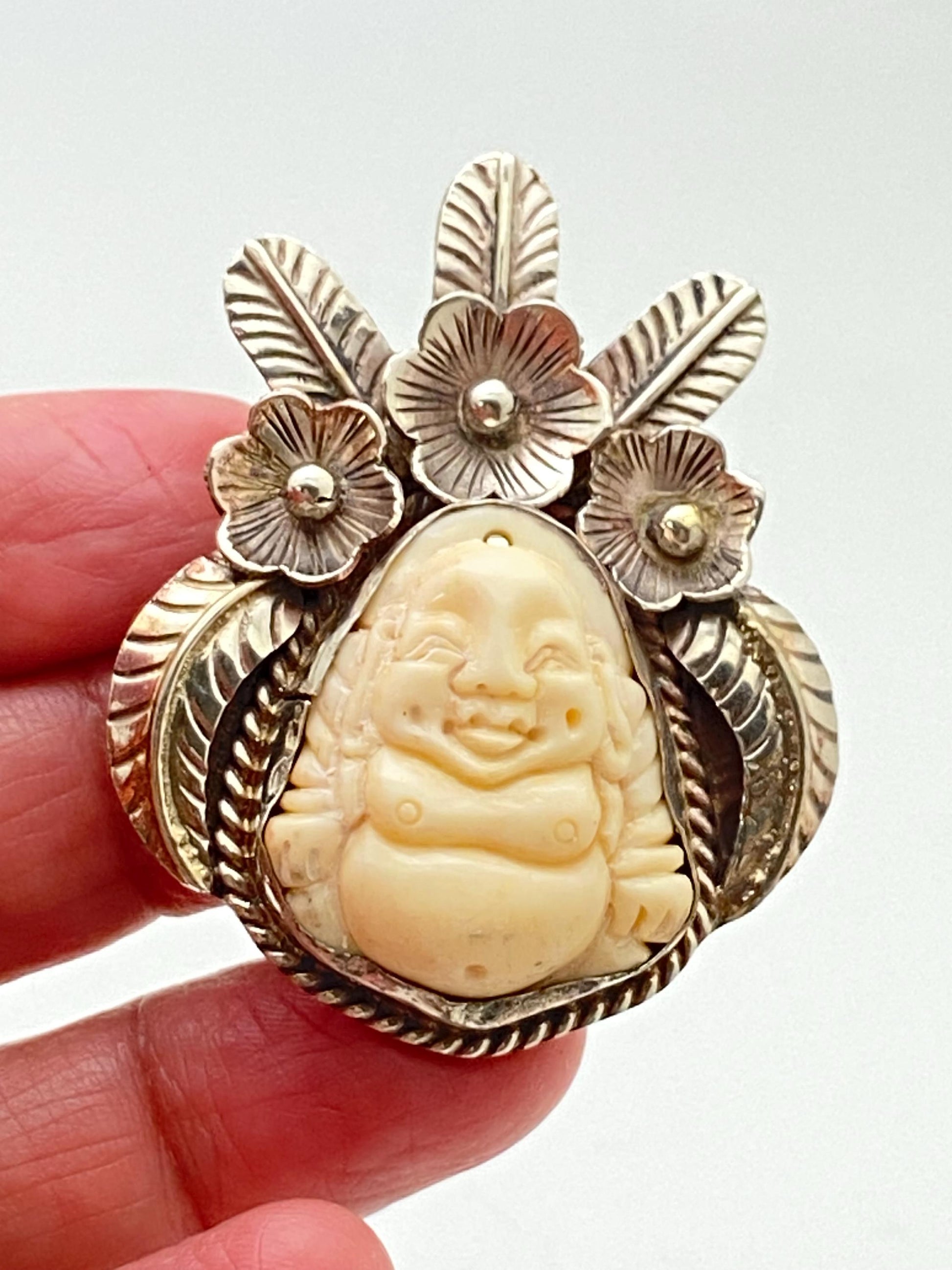 Happy Buddha, buffalo bone carved pendant,Tibetan silver, floral silver,Himalayan ,Nepalese