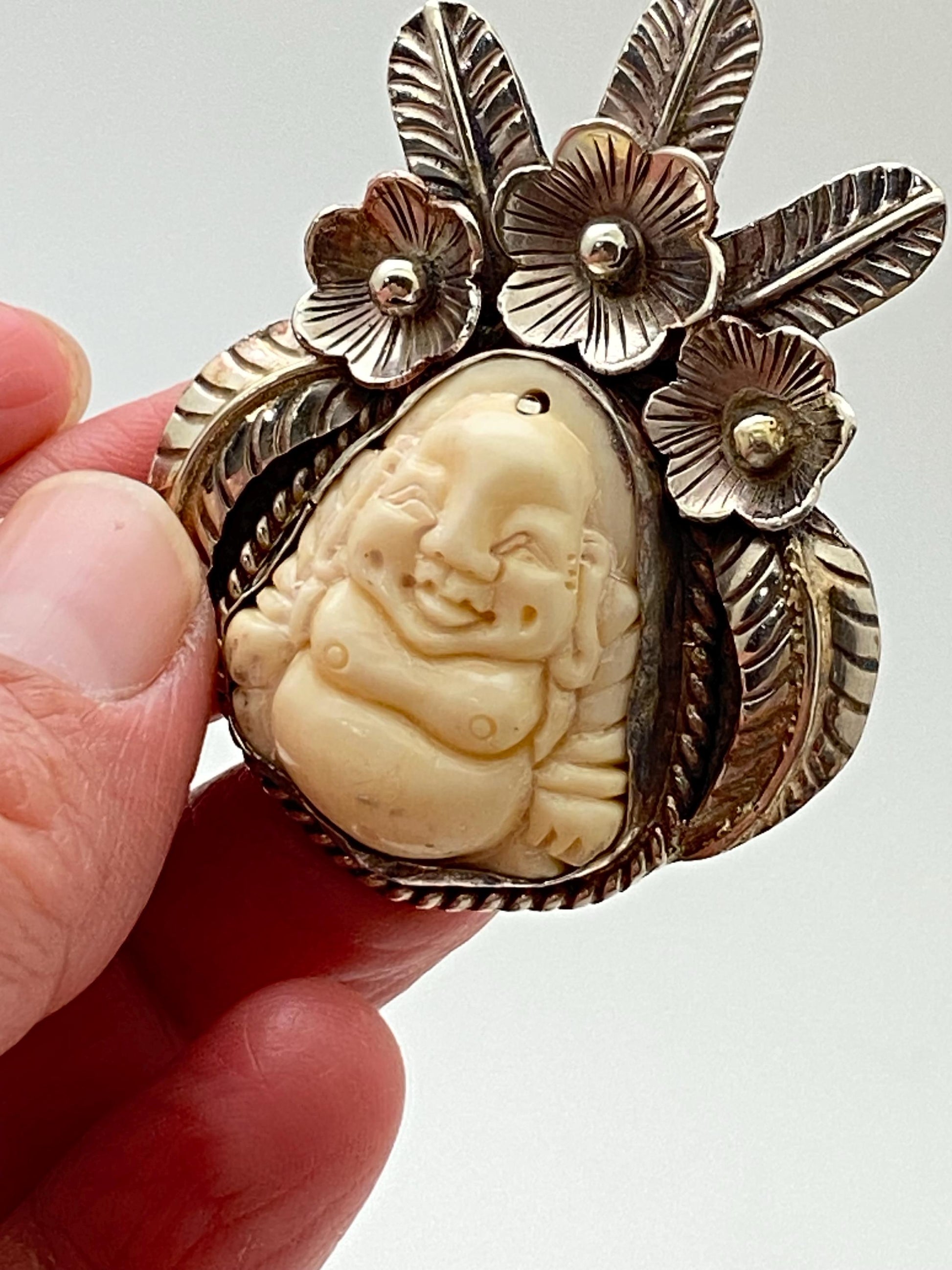 Happy Buddha, buffalo bone carved pendant,Tibetan silver, floral silver,Himalayan ,Nepalese