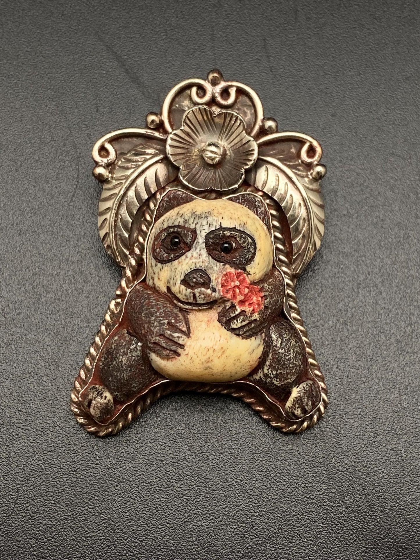 Panda pendant, bone carved pendant, handcrafted,Tibetan silver, floral pendant ,animal lover,himalayan,Nepalese