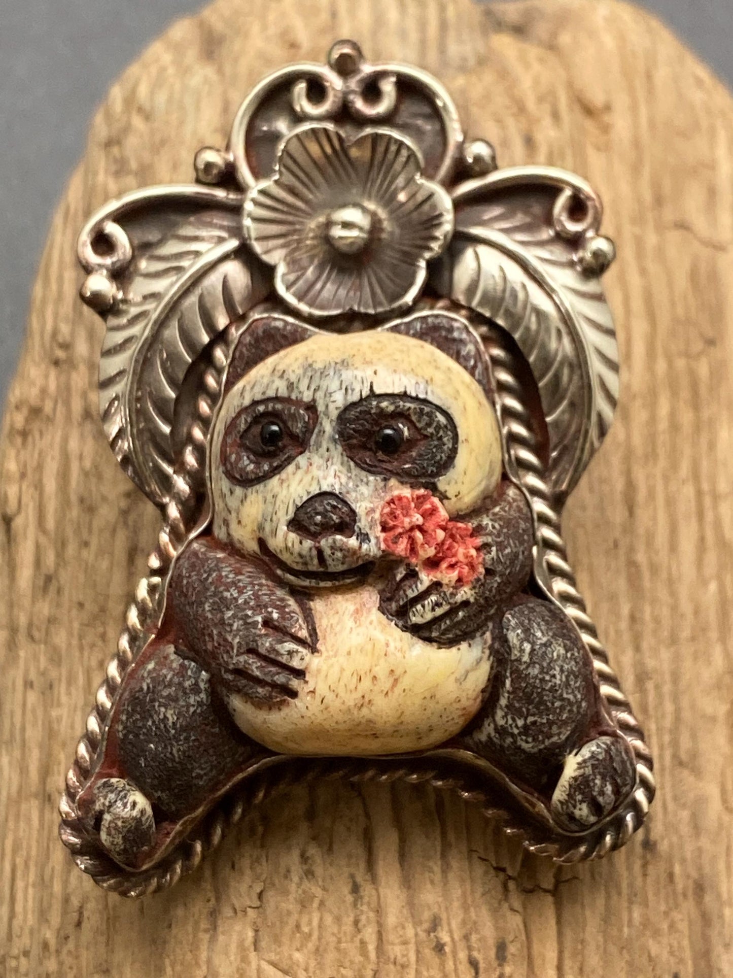 Panda pendant, bone carved pendant, handcrafted,Tibetan silver, floral pendant ,animal lover,himalayan,Nepalese