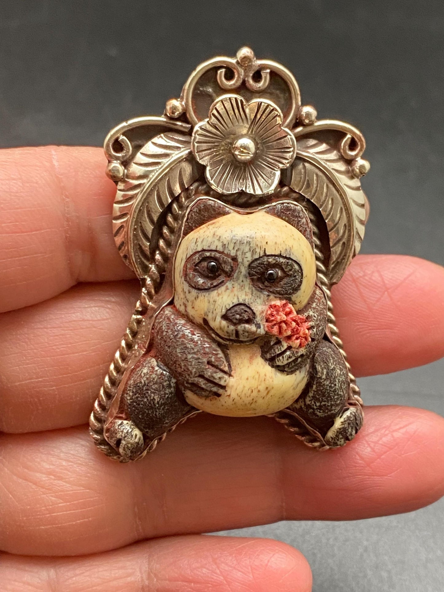 Panda pendant, bone carved pendant, handcrafted,Tibetan silver, floral pendant ,animal lover,himalayan,Nepalese
