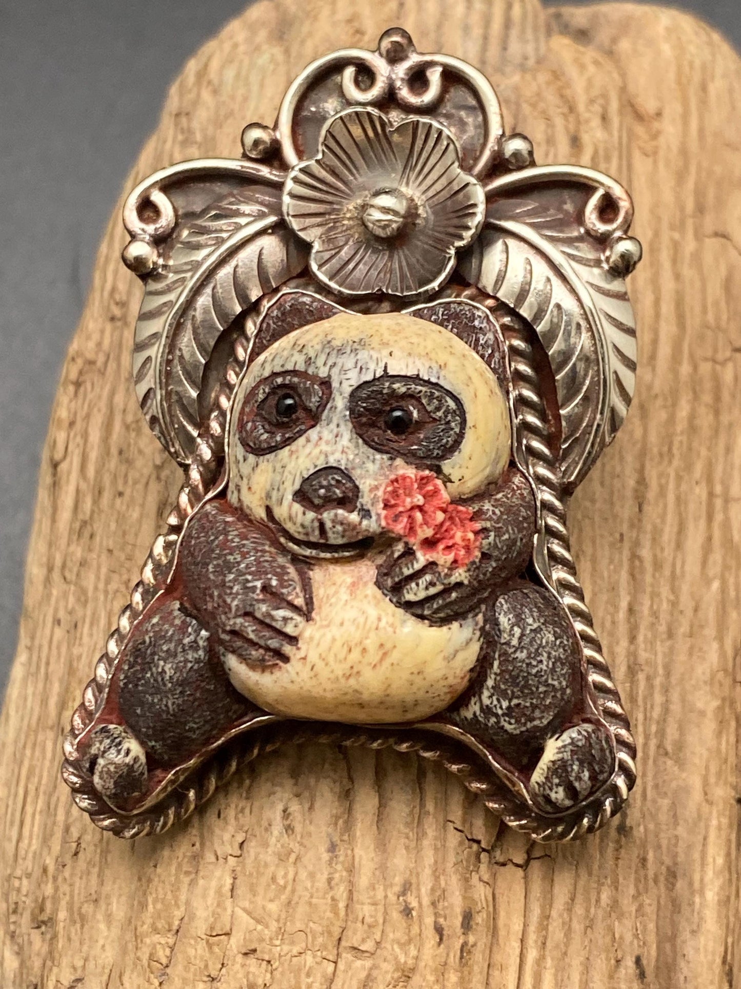 Panda pendant, bone carved pendant, handcrafted,Tibetan silver, floral pendant ,animal lover,himalayan,Nepalese