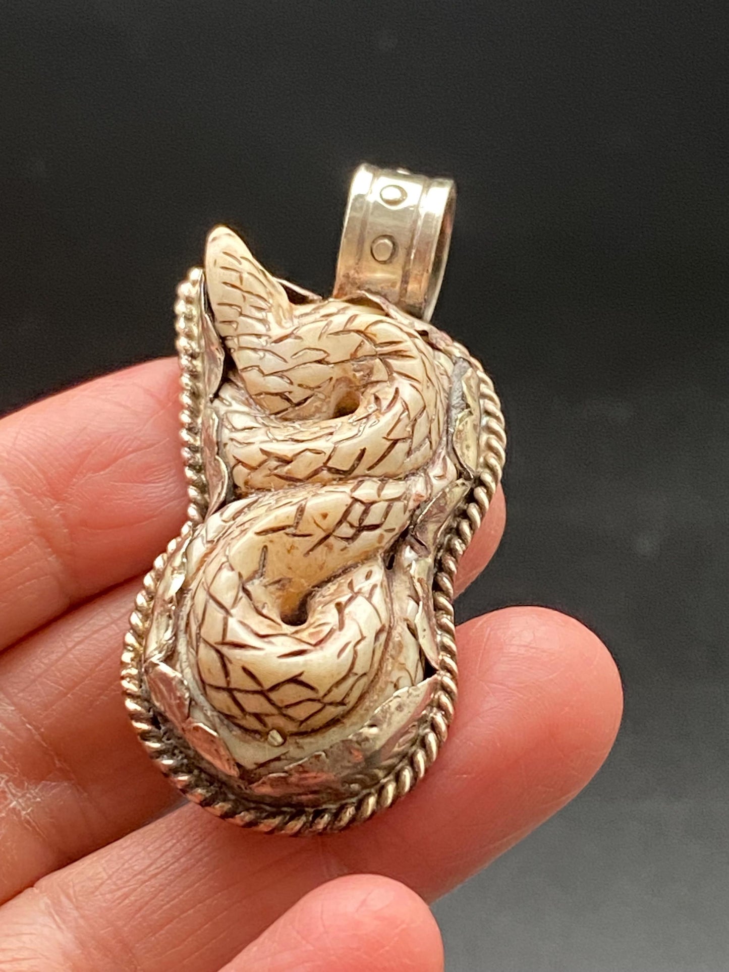 Snake pendant, bone carved snake pendant, handcrafted, Tibetan silver, Nepalese