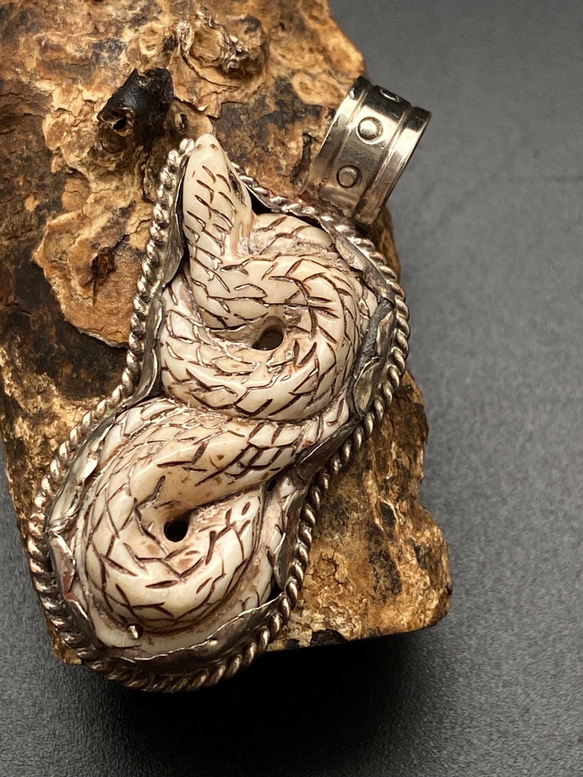 Snake pendant, bone carved snake pendant, handcrafted, Tibetan silver, Nepalese