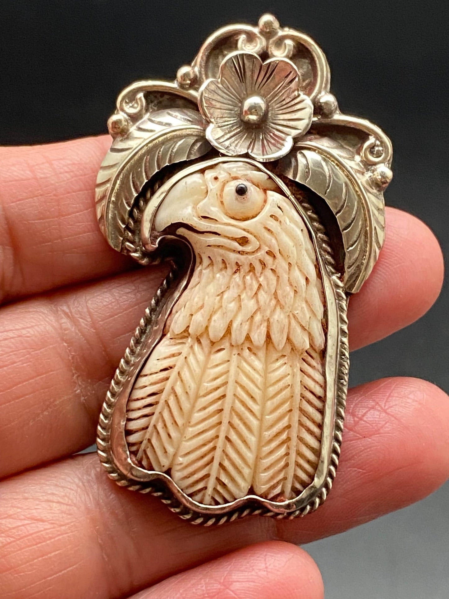 eagle pendant, bird pendant, bone carved pendant, handcrafted, Tibetan silver, Nepalese, Himalayan, floral pendant