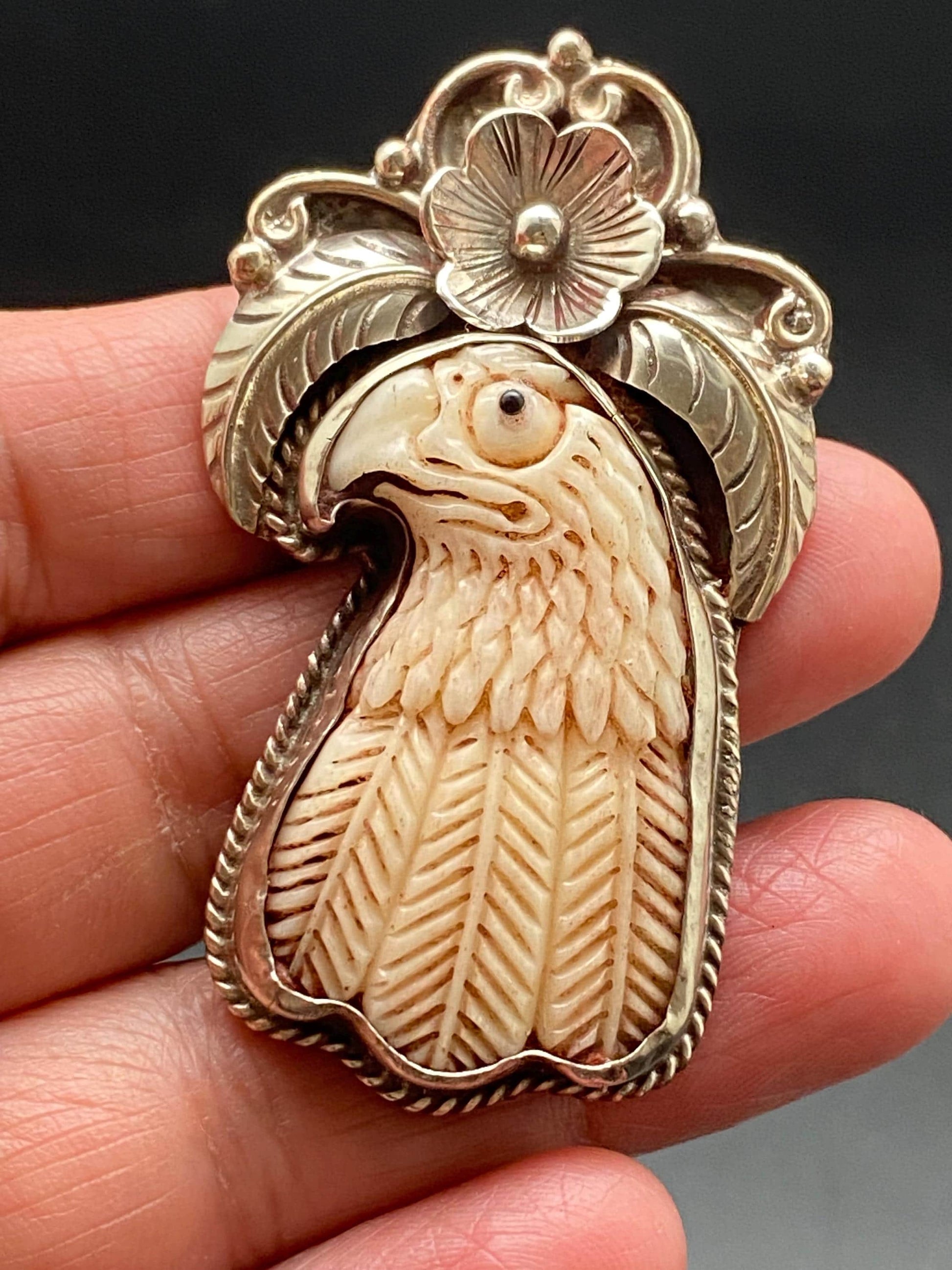 eagle pendant, bird pendant, bone carved pendant, handcrafted, Tibetan silver, Nepalese, Himalayan, floral pendant