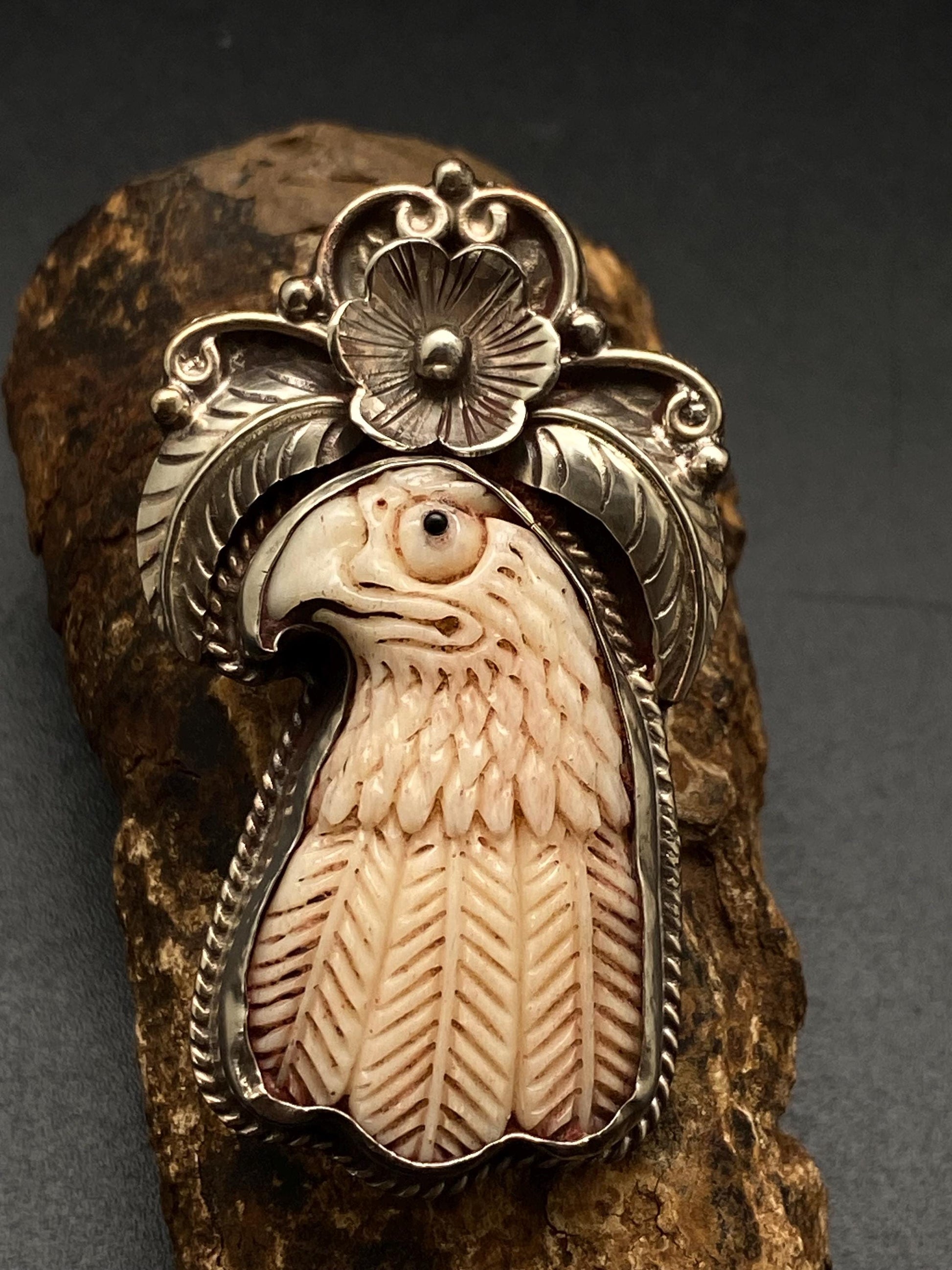 eagle pendant, bird pendant, bone carved pendant, handcrafted, Tibetan silver, Nepalese, Himalayan, floral pendant