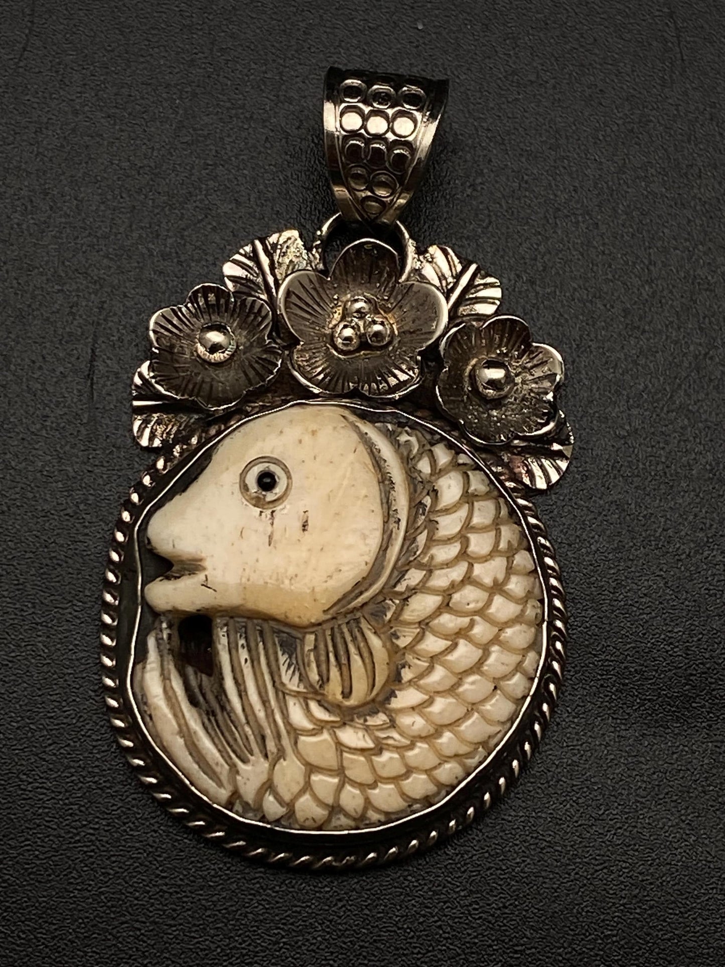 Fish pendant, bone carved pendant, handcrafted, Tibetan silver, floral silver,Nepalese