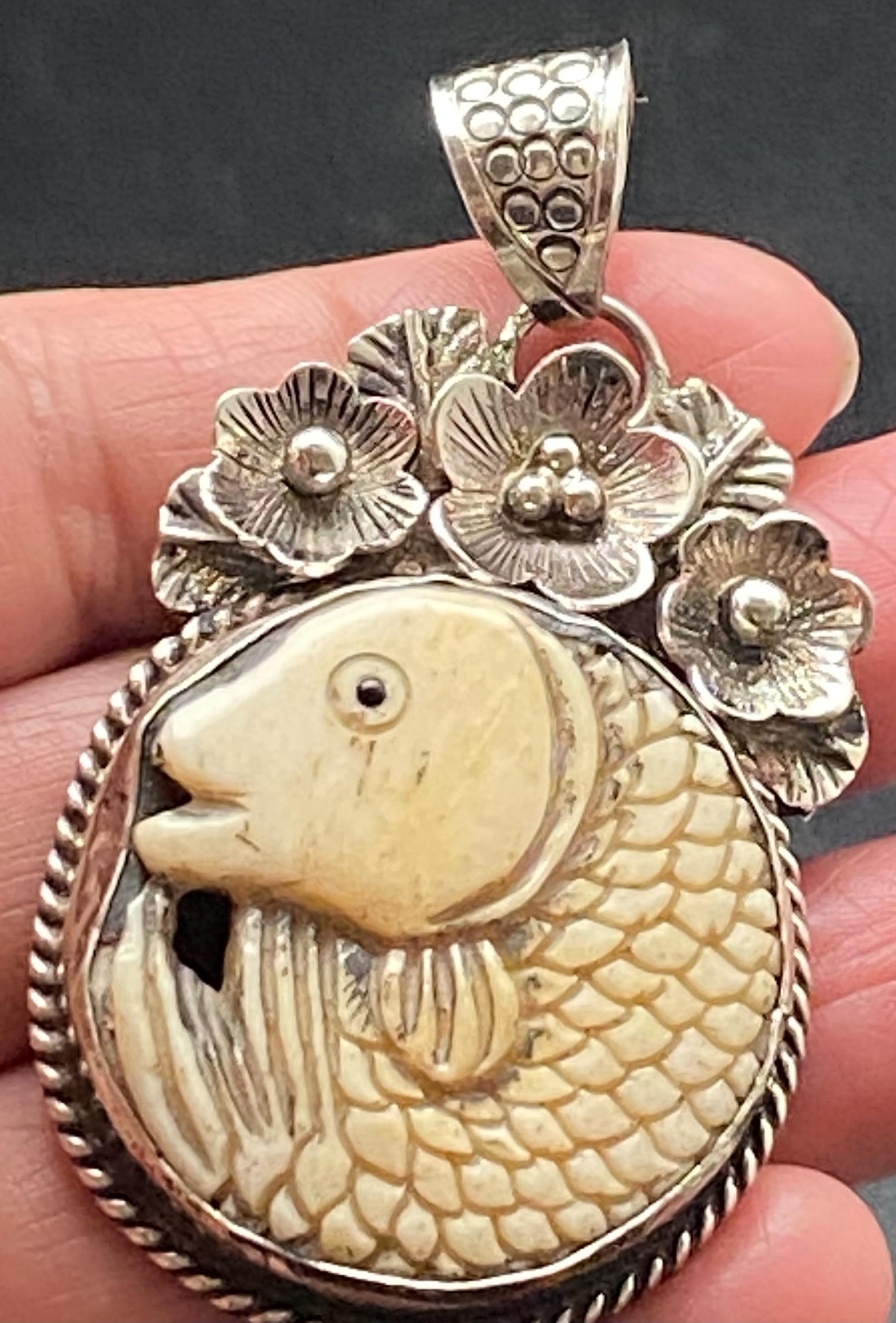 Fish pendant, bone carved pendant, handcrafted, Tibetan silver, floral silver,Nepalese