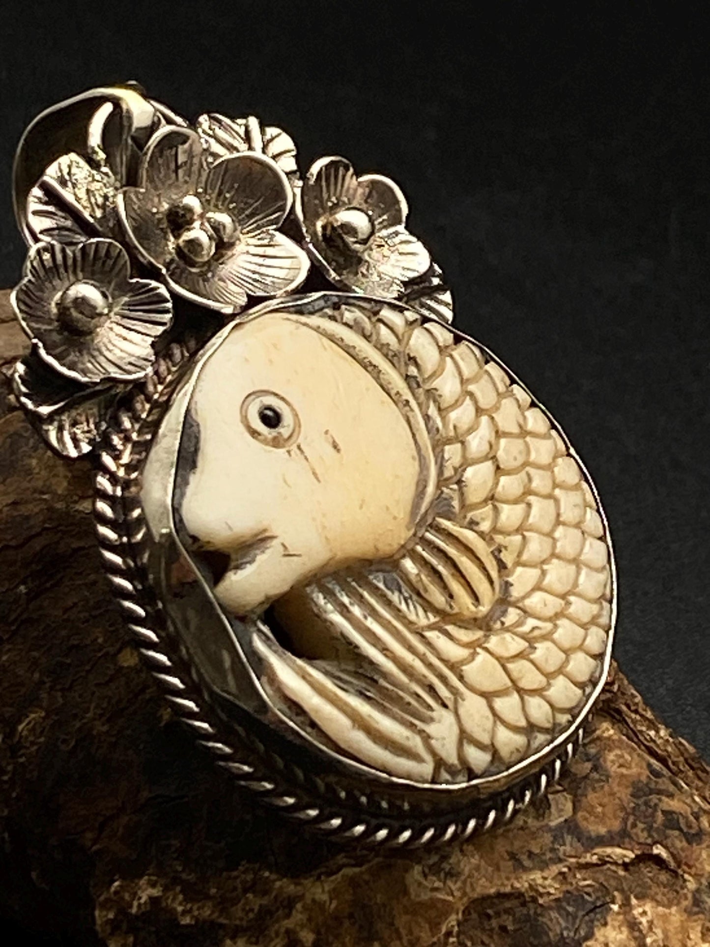 Fish pendant, bone carved pendant, handcrafted, Tibetan silver, floral silver,Nepalese