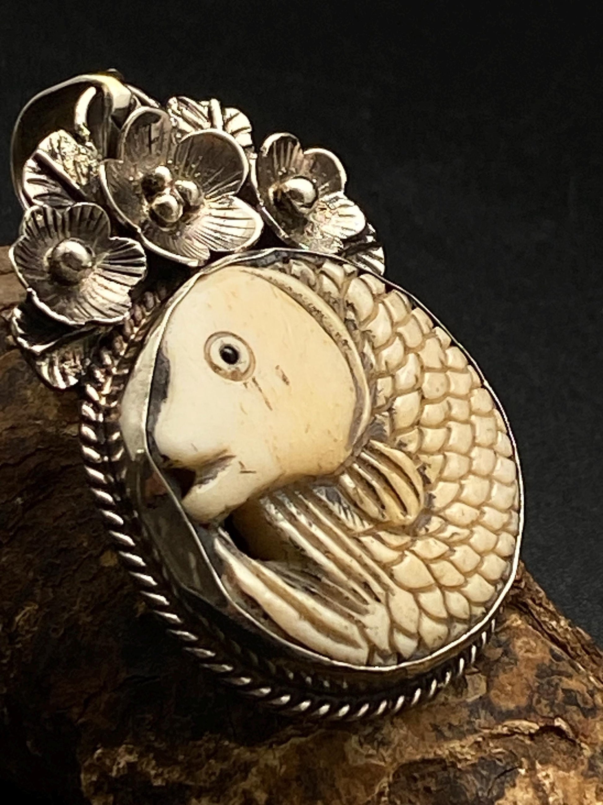 Fish pendant, bone carved pendant, handcrafted, Tibetan silver, floral silver,Nepalese
