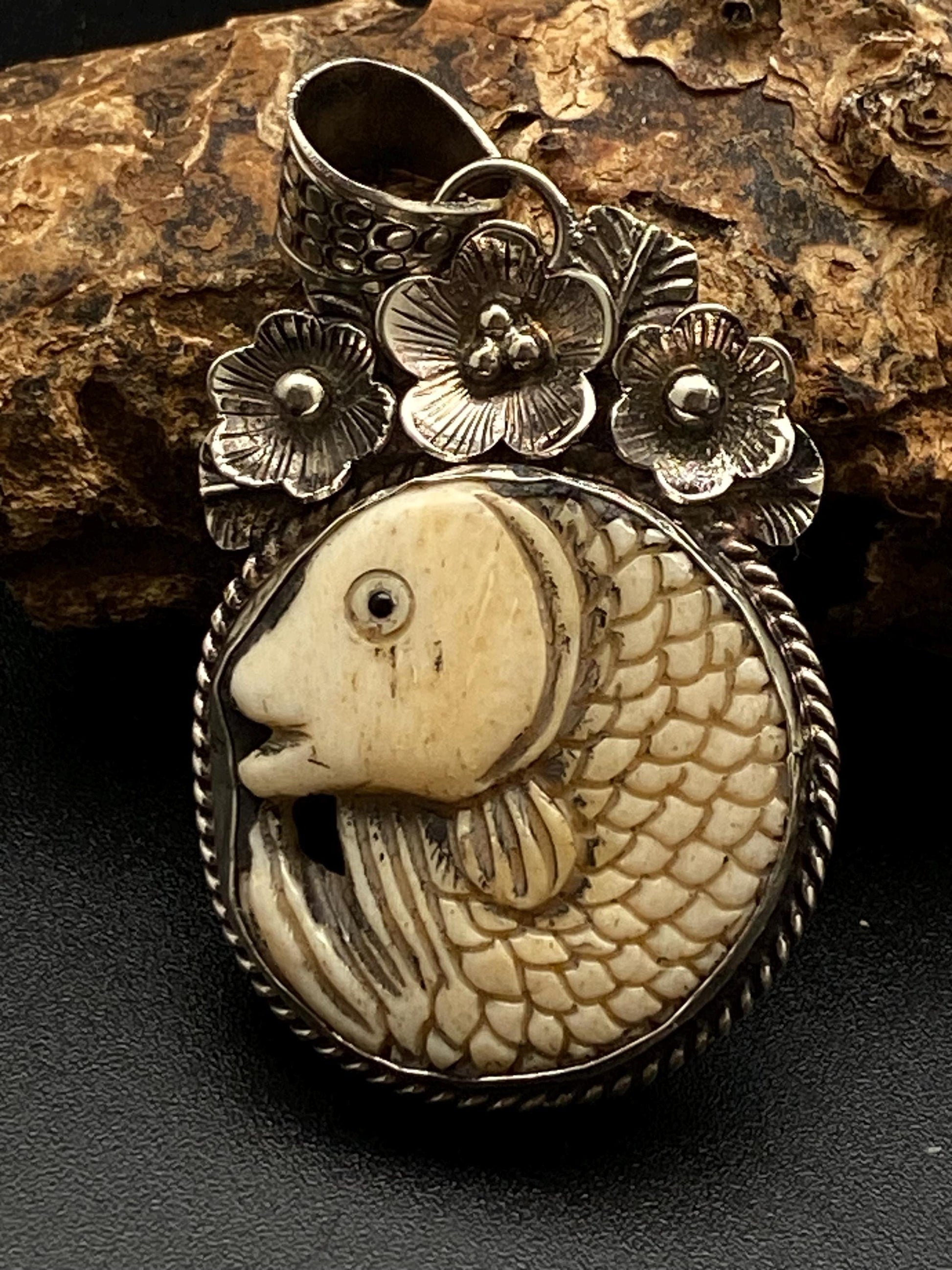 Fish pendant, bone carved pendant, handcrafted, Tibetan silver, floral silver,Nepalese