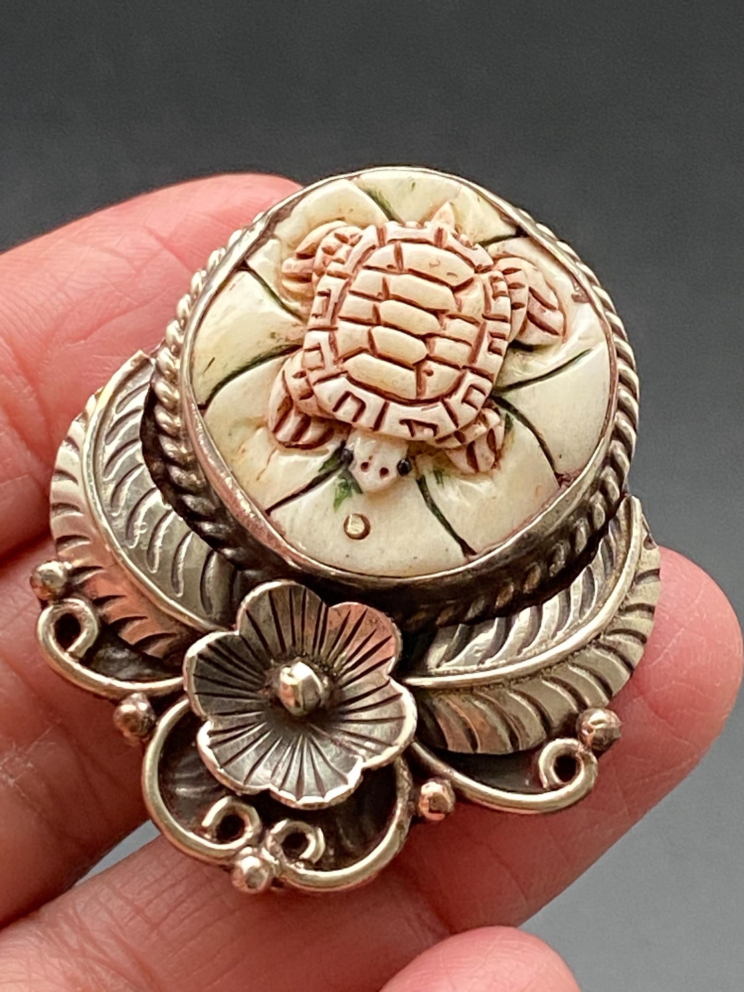 Turtle pendant, bone-carved turtle, handcrafted, Tibetan repose floral silver, floral pendant, ethnic style, Himalayan, Nepalese