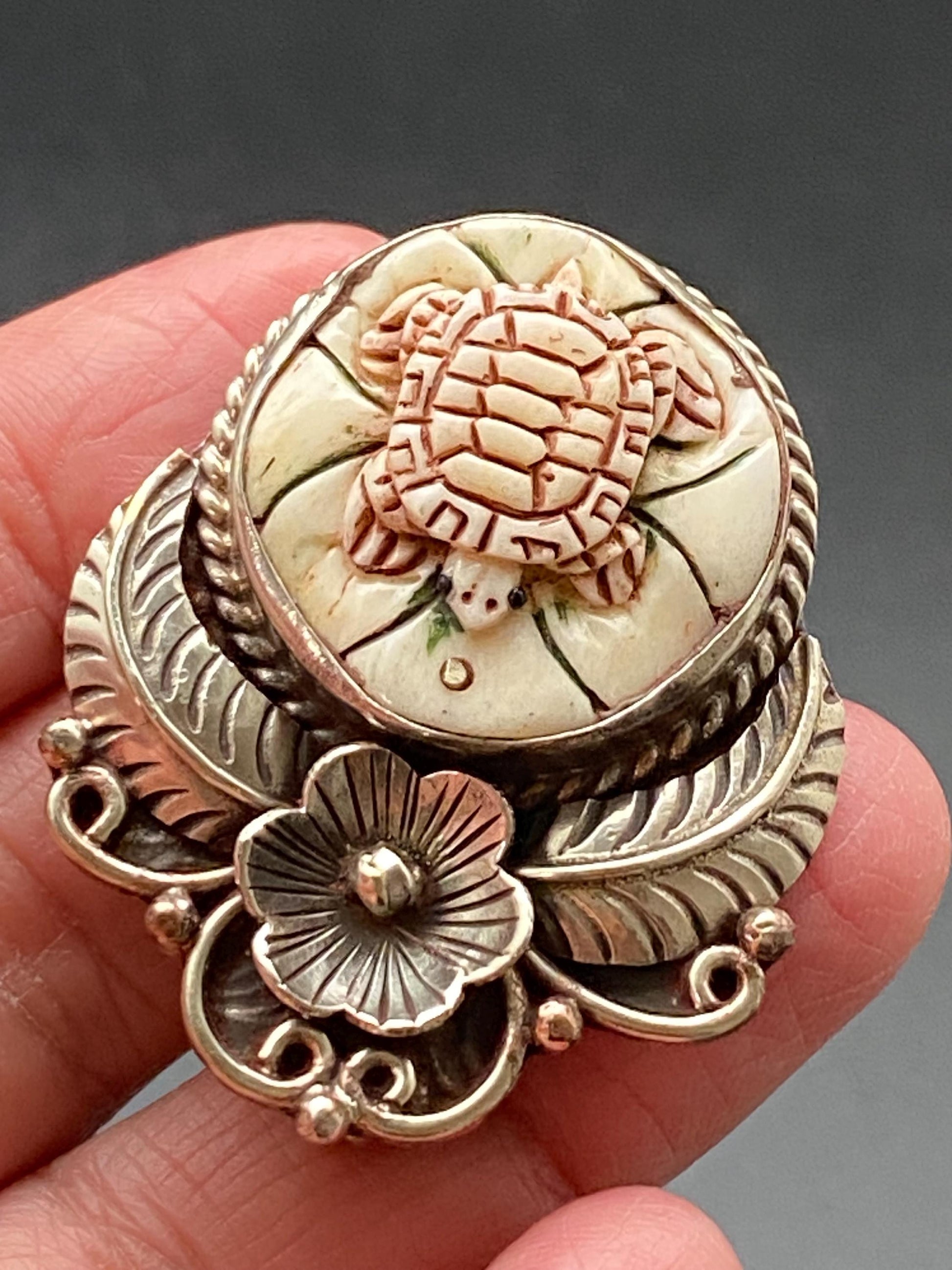 Turtle pendant, bone-carved turtle, handcrafted, Tibetan repose floral silver, floral pendant, ethnic style, Himalayan, Nepalese