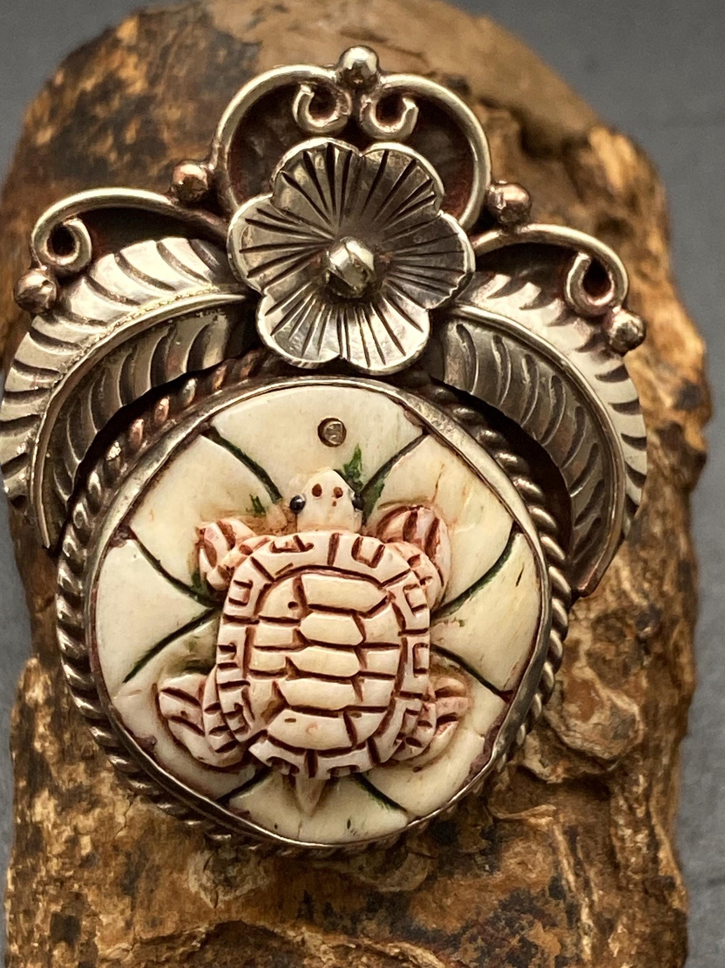 Turtle pendant, bone-carved turtle, handcrafted, Tibetan repose floral silver, floral pendant, ethnic style, Himalayan, Nepalese