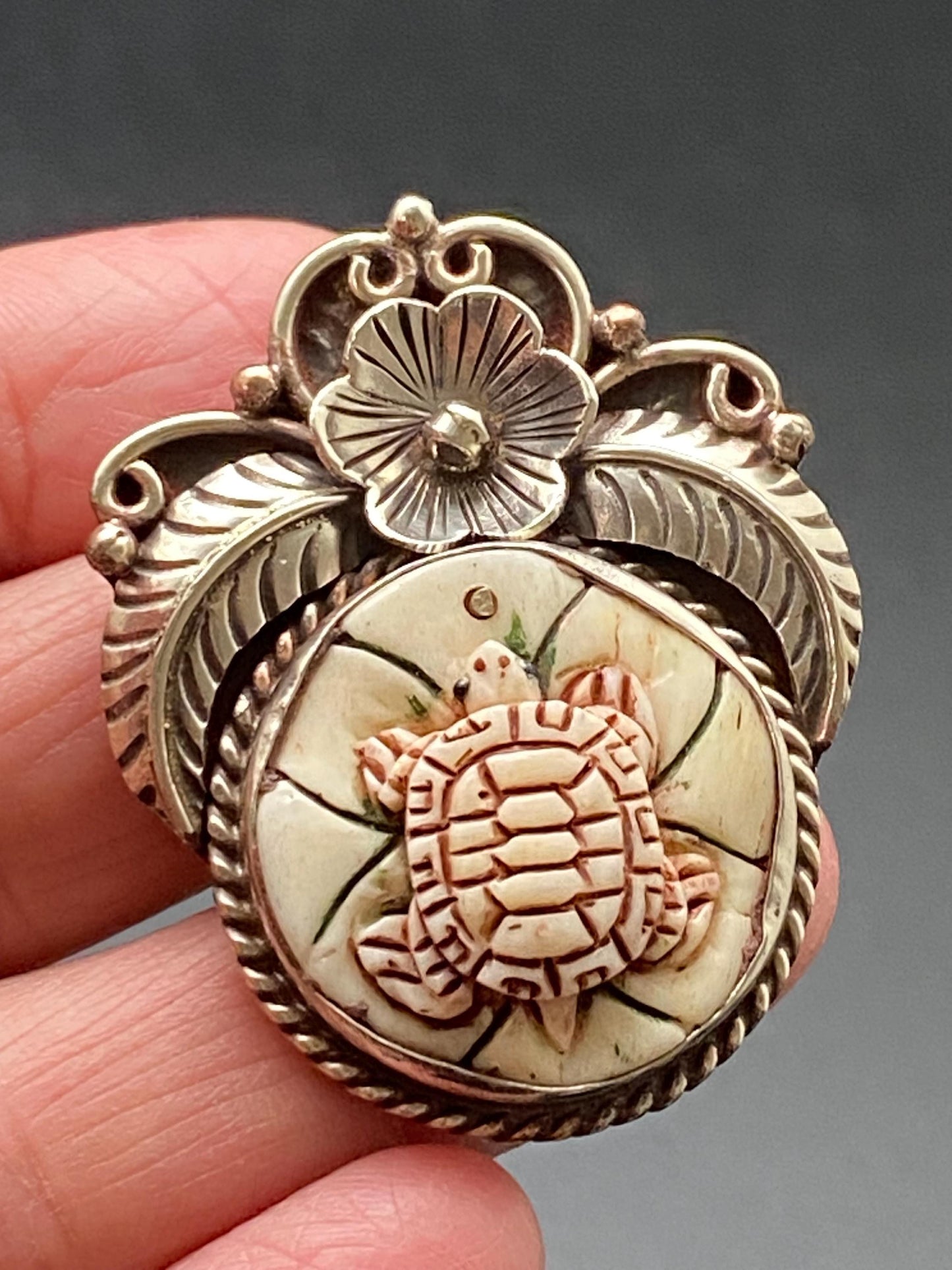 Turtle pendant, bone-carved turtle, handcrafted, Tibetan repose floral silver, floral pendant, ethnic style, Himalayan, Nepalese