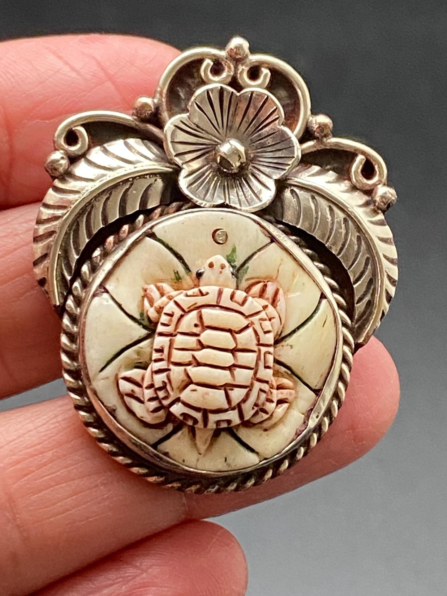 Turtle pendant, bone-carved turtle, handcrafted, Tibetan repose floral silver, floral pendant, ethnic style, Himalayan, Nepalese